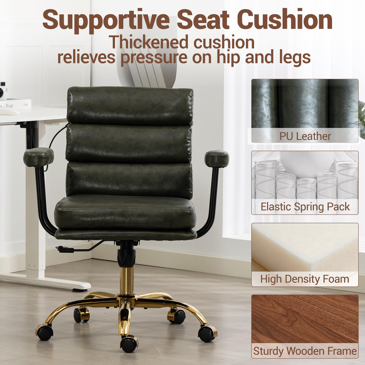 WiNVO Faux Leather Home Office Desk Chair, Ergonomic Executive Computer Chair with Gold Base, Padded Seat and Armrests, Adjustable Height Swivel Vanity Chair with Wheels, Green