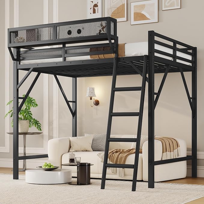 Queen Metal Loft Bed with Storage