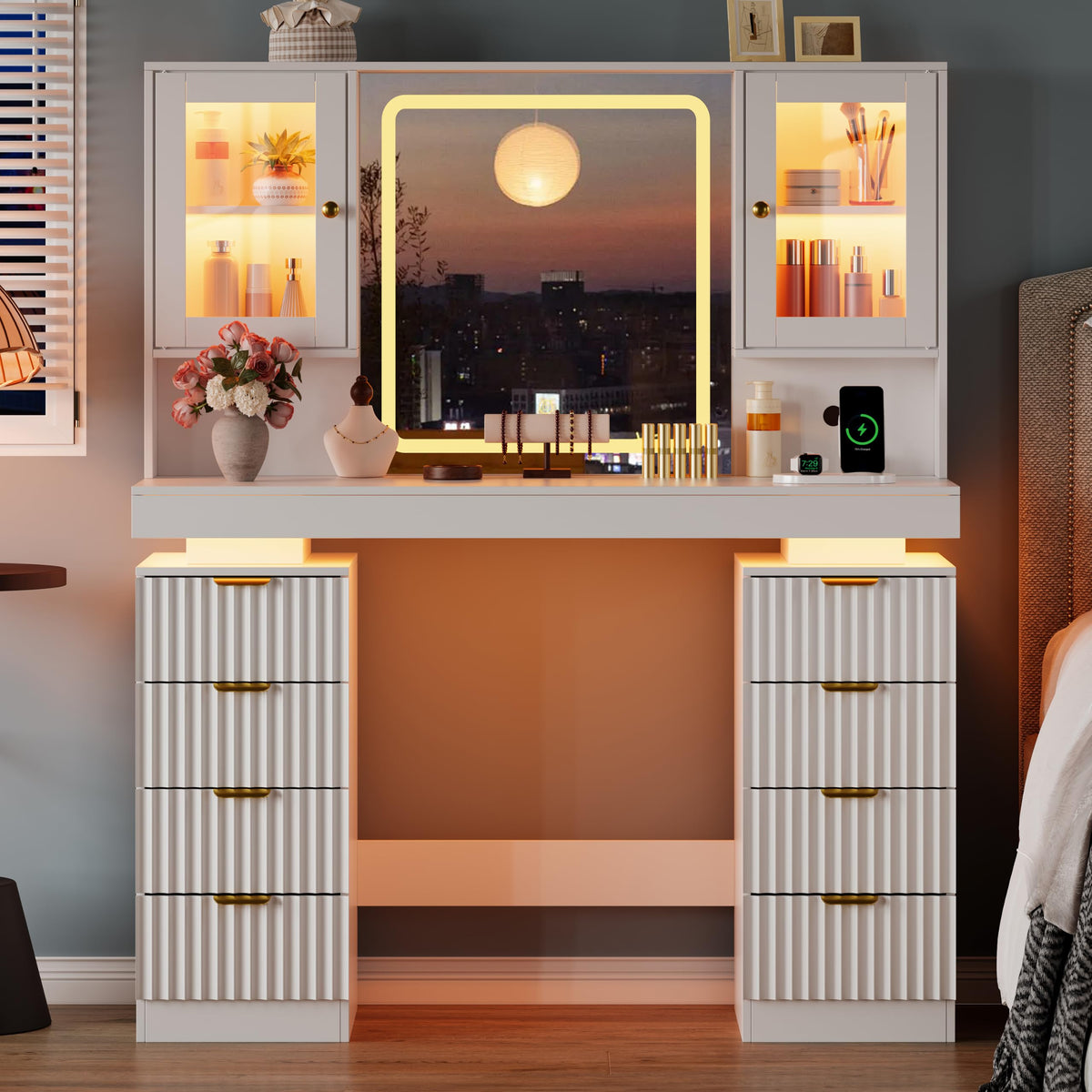 BOXACTION 45" Floating Vanity Desk with RGB Lighting & Led Mirror, White