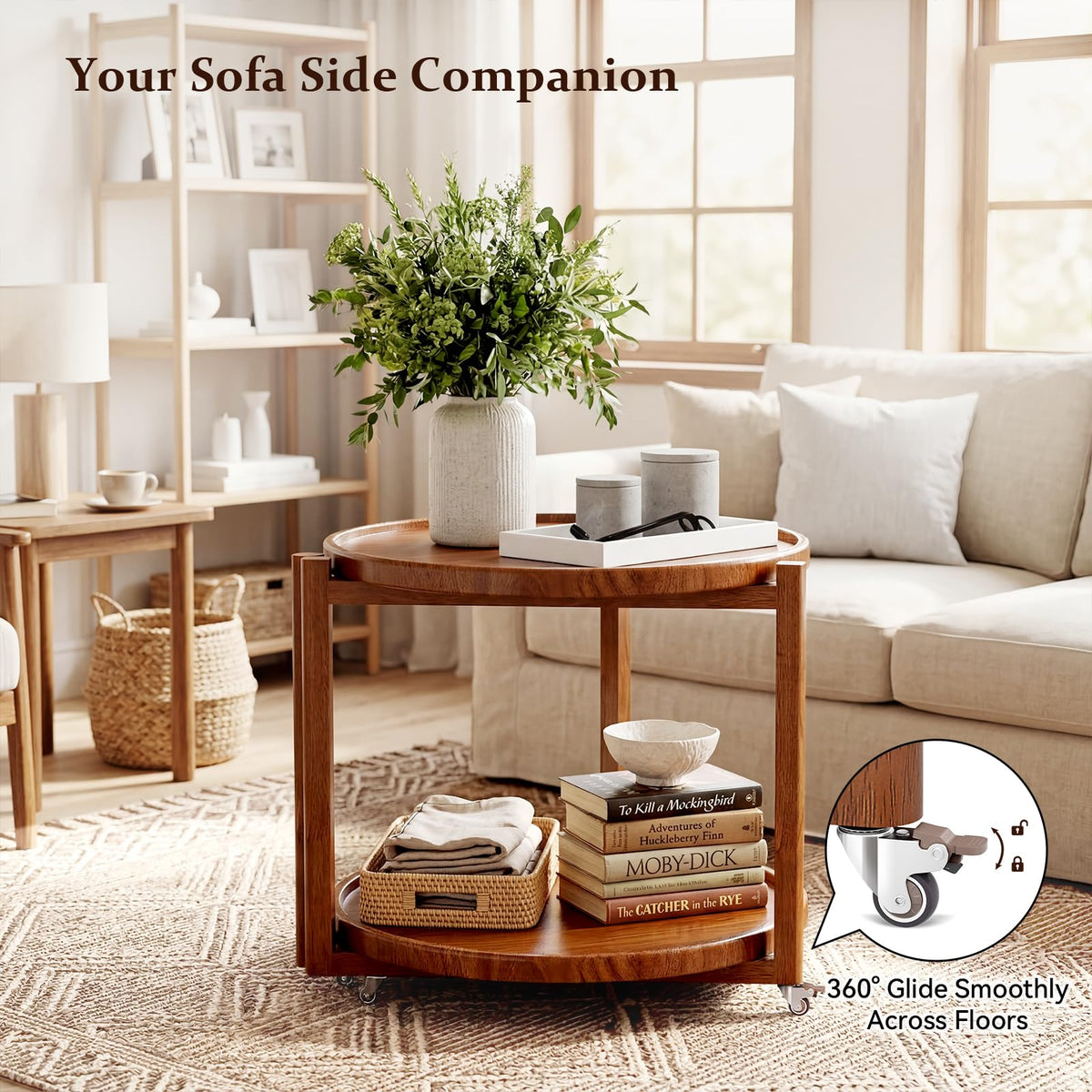 Round Wood Rolling Side Table