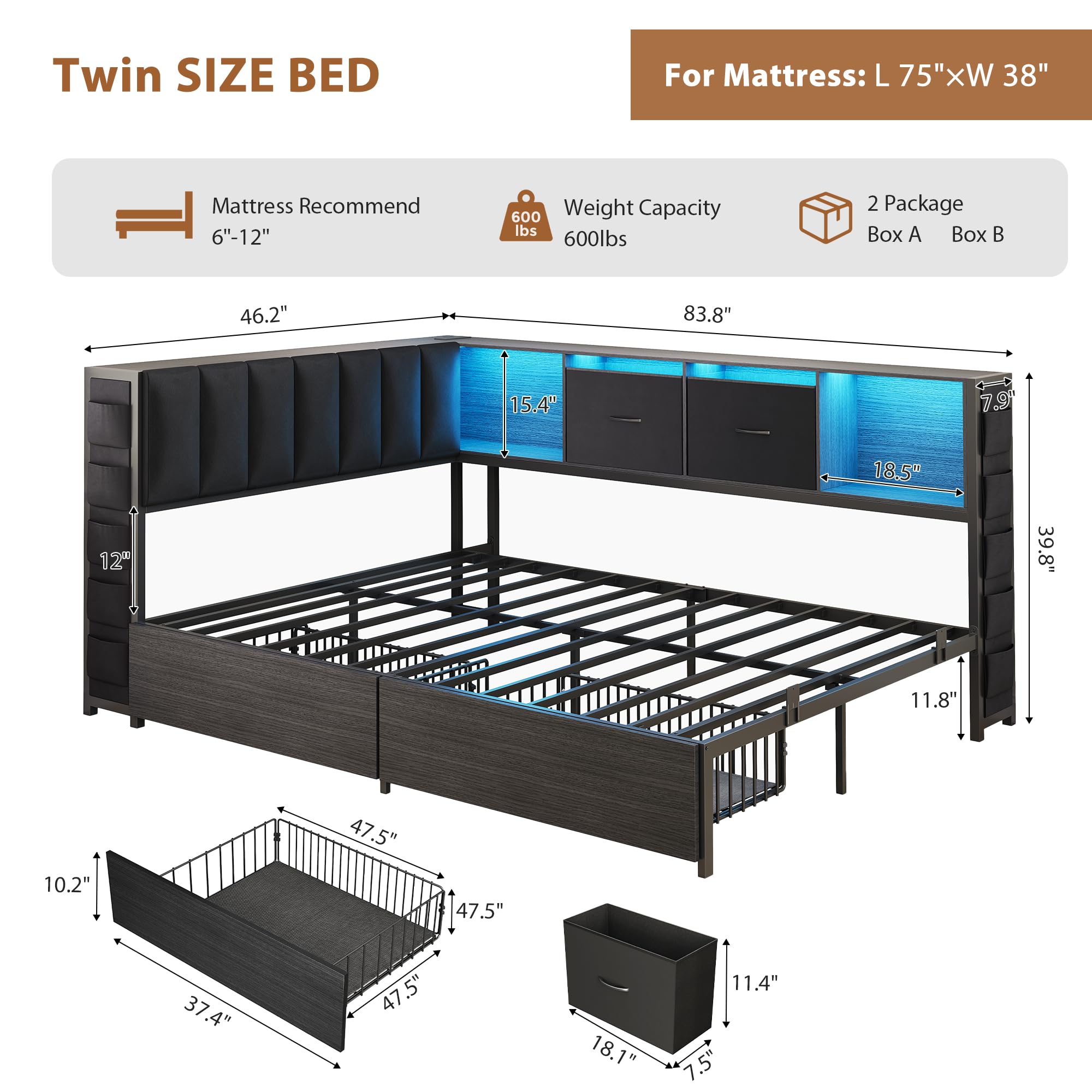 L-Shaped Corner Bed Frame with Storage & LED