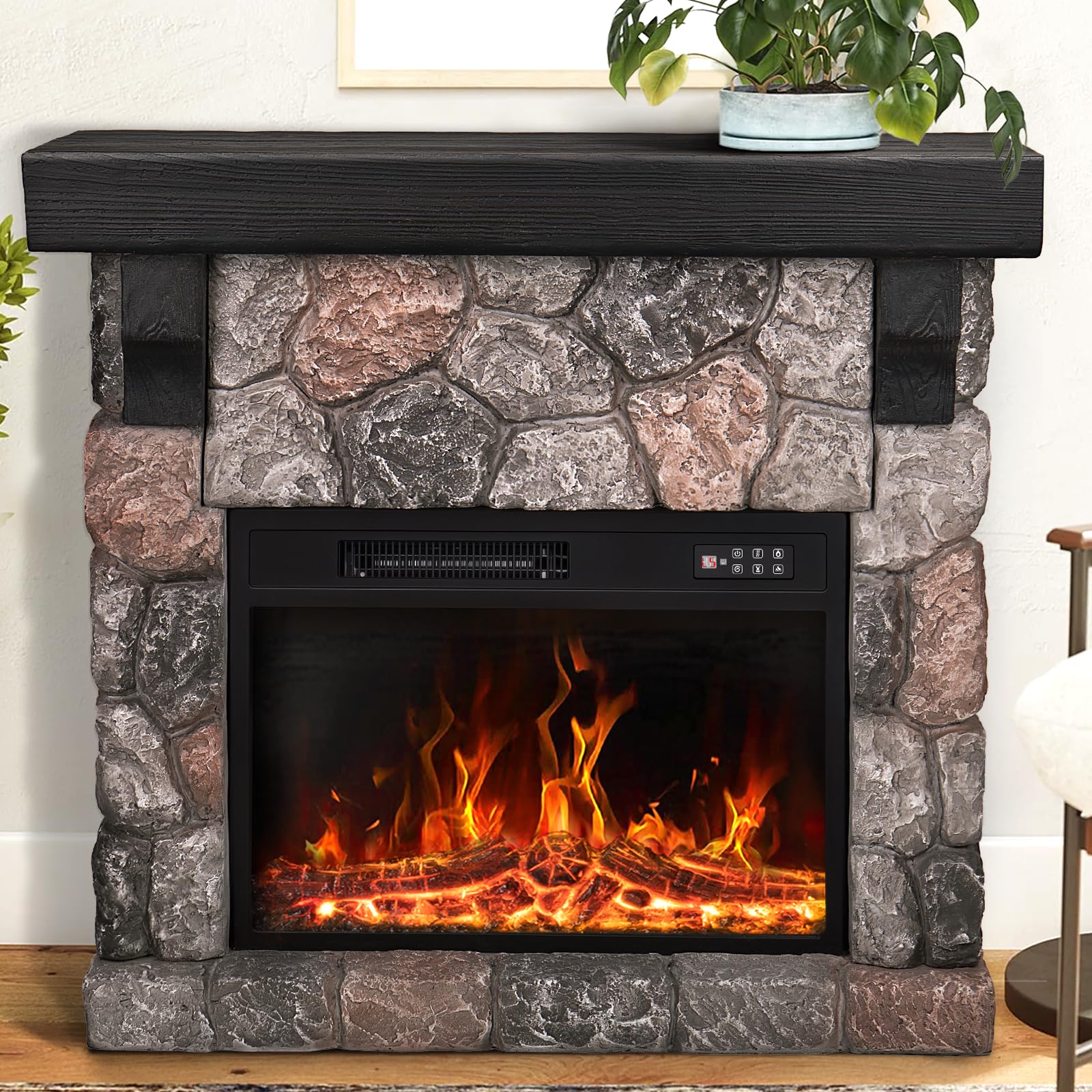 PUKAMI Electric Fireplace with Mantel, Freestanding Stone Fireplace Heater TV Stand with Remote Control, Realistic Flame Effect and 3D Log, 750W/1500W (36 inch)
