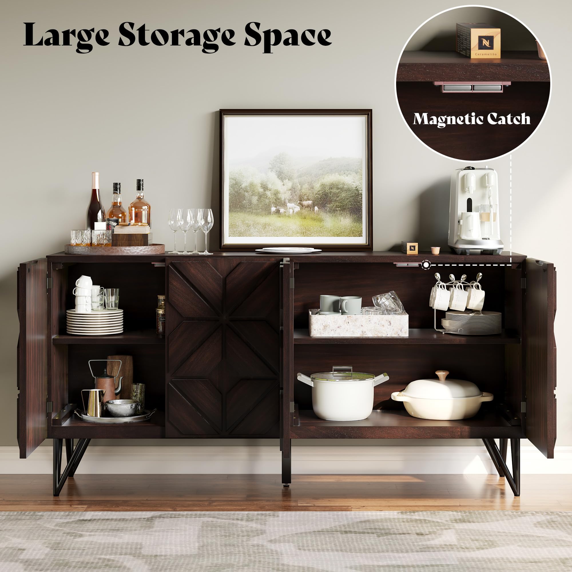 63" Wood Sideboard Buffet Cabinet with Hand-Carved Doors
