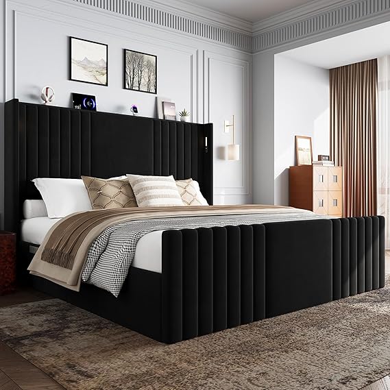 Velvet Wingback Platform Bed Frame with LED Reading Lights