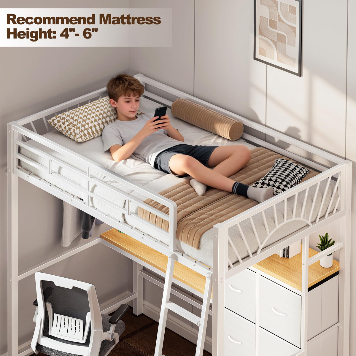 Decofy White Twin Loft Bed with Desk and 6 Storage Drawers, Metal Twin Size Loft Beds with Charging Station, RGB LED Lights, and Pegboard & Hanging Rod for Kids, Teenager (White)