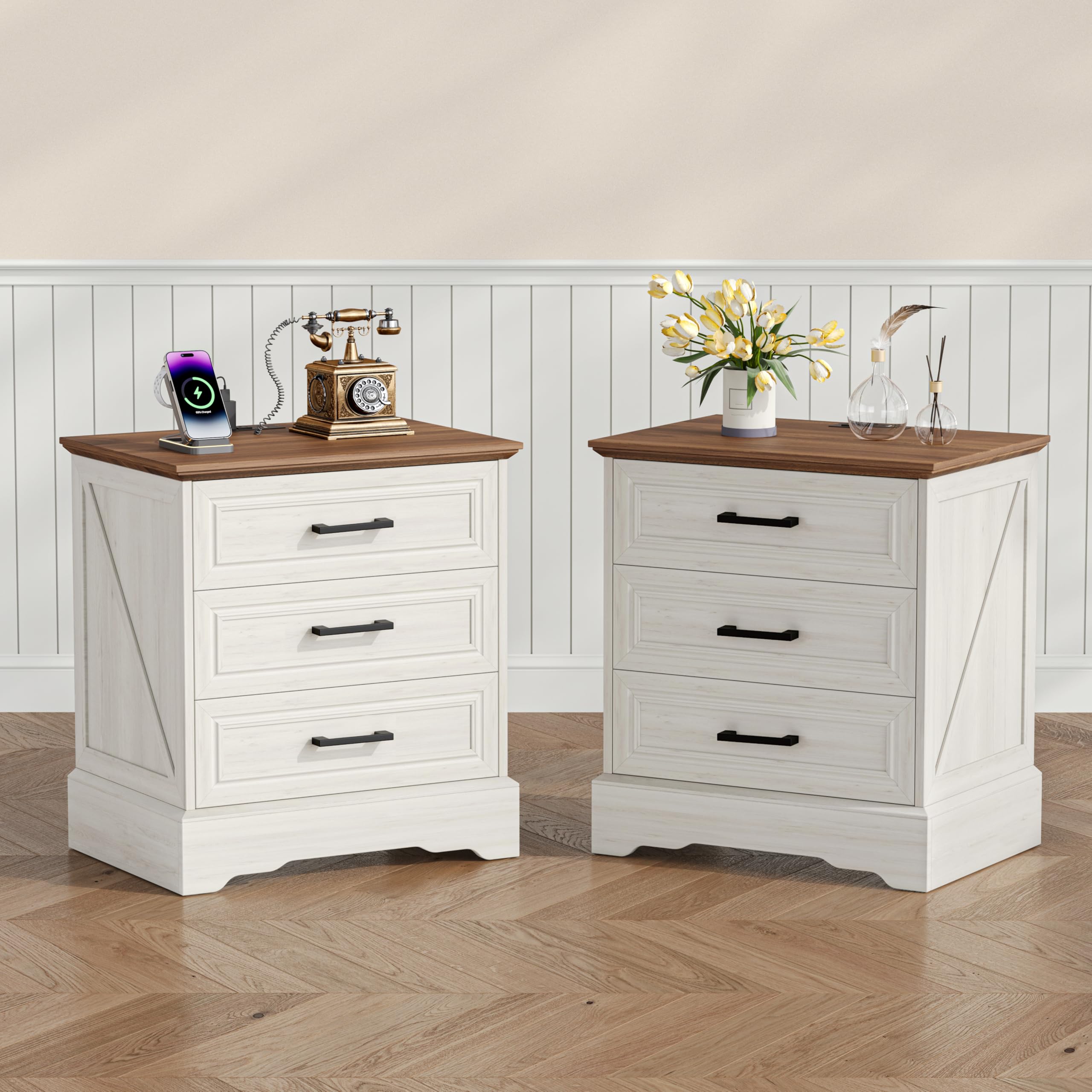 Akxomel Farmhouse Nightstand with Charging Station, 22" Wide Bedside Table with 3 Large Drawers & Bar Handles, Side End Table with Stable Support Base, for Bedroom, Off White