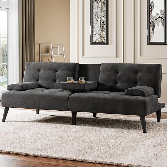 64" Futon Sofa Bed with Adjustable Backrest & Cup Holders