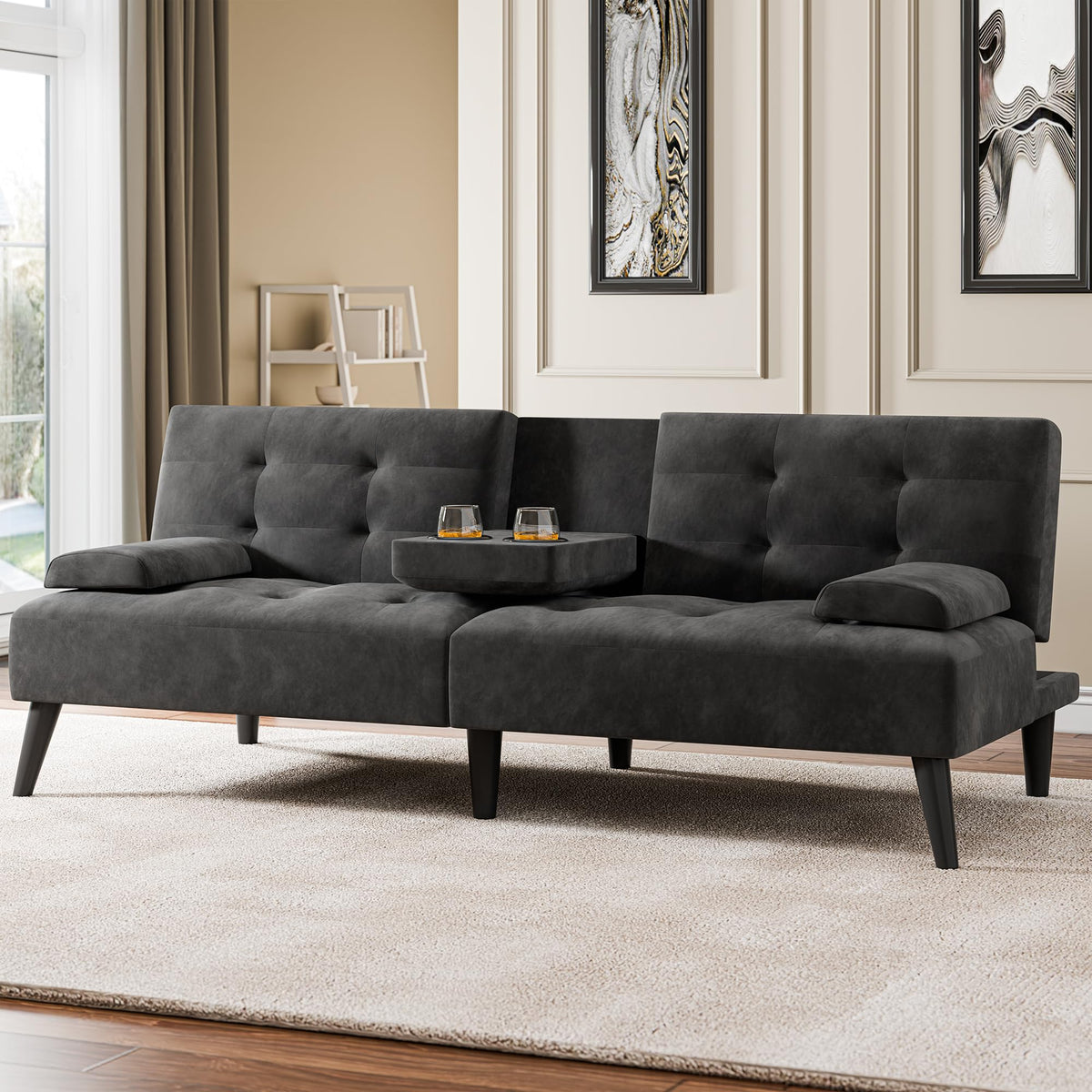 Meilocar 64" Futon Sofa Bed, Small Loveseat, Cup Holders Armrests, Black