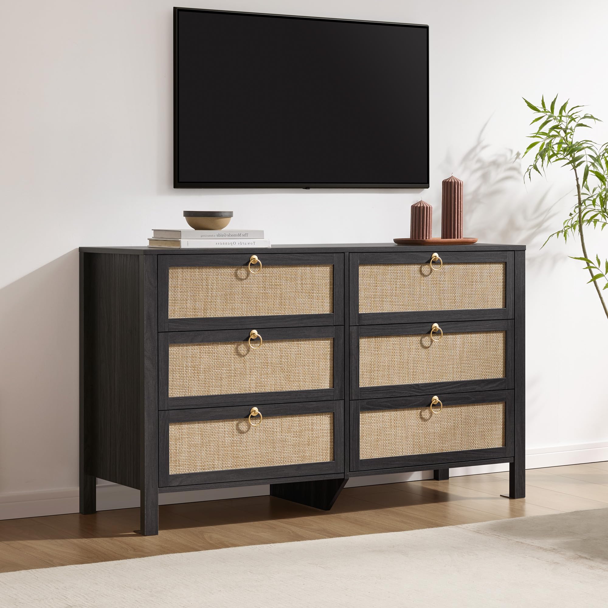 SICOTAS 6 Drawer Dresser for Bedroom - 51" Wide Rattan Dressers Chest of Drawers for Closet, Larger Storage Cabinet Farmhouse Boho Dresser TV Stand for Living Dining Room, Hallway, Black