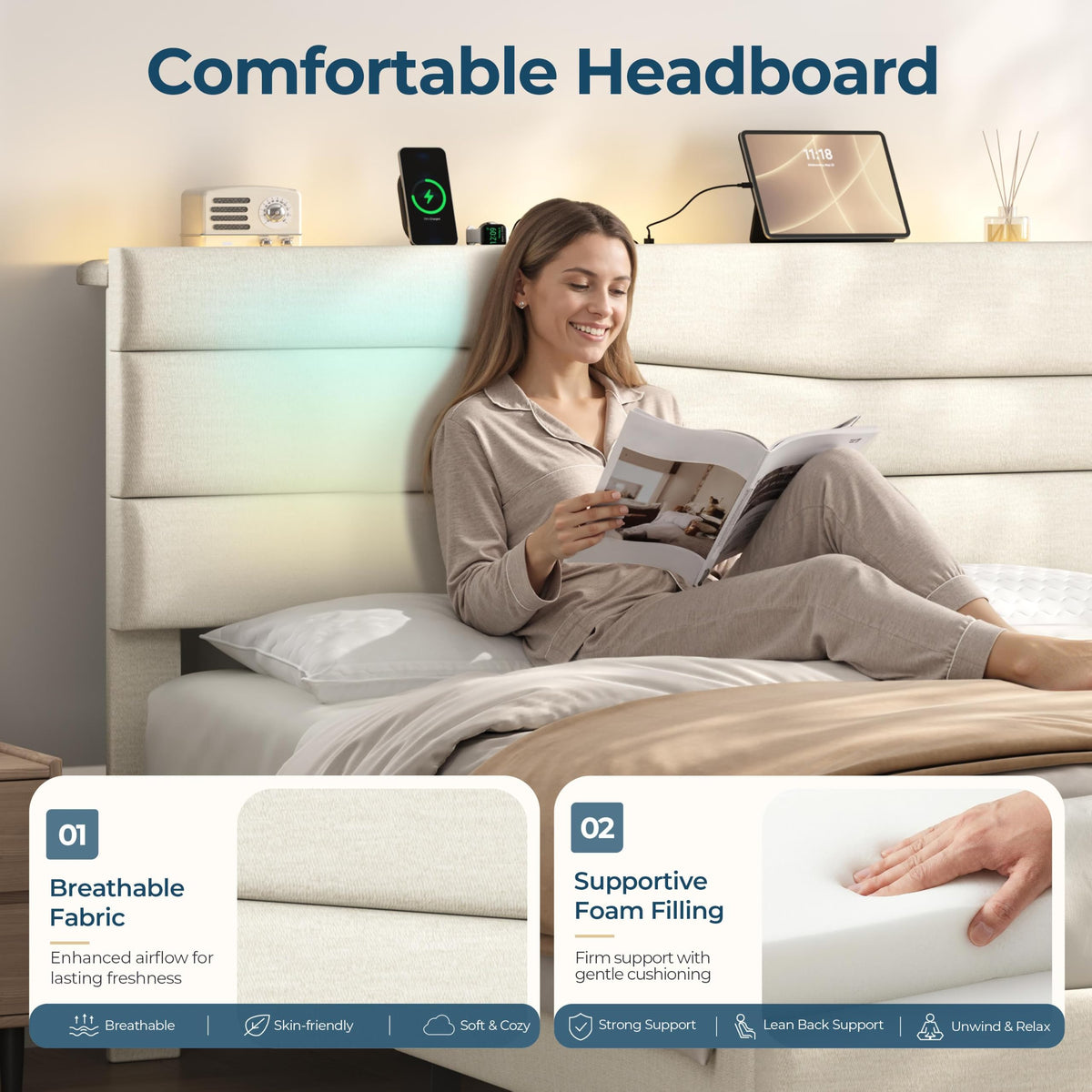 Yaheetech Queen Upholstered Bed with LED Charging Station Shelf