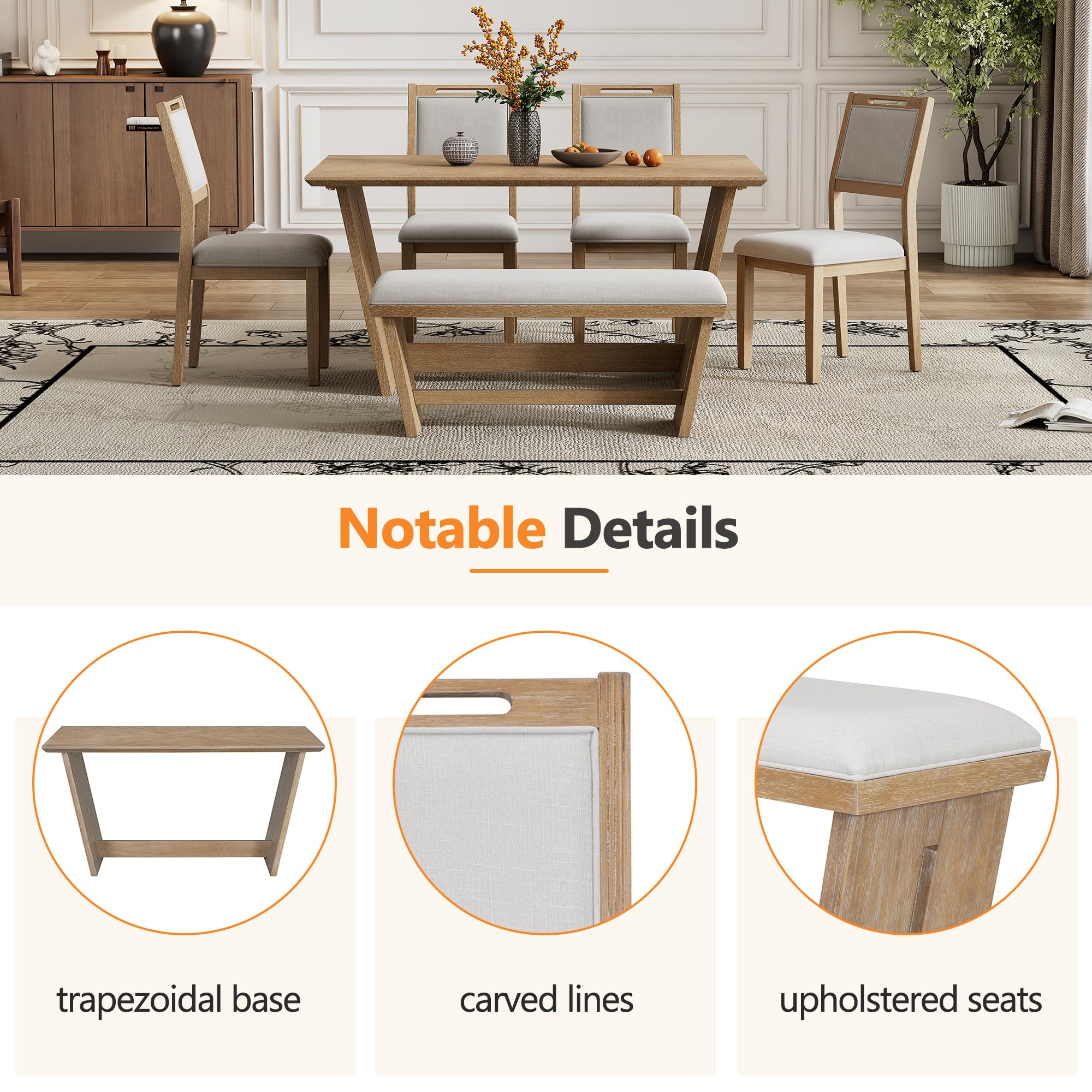 Merax 6-Piece Retro Dining Set, 1 Rectangular Table with Stable Trapezoidal Table Base and 4 Upholstered Chairs and 1 Bench for Dining Room and Kitchen, Natural Wood Wash