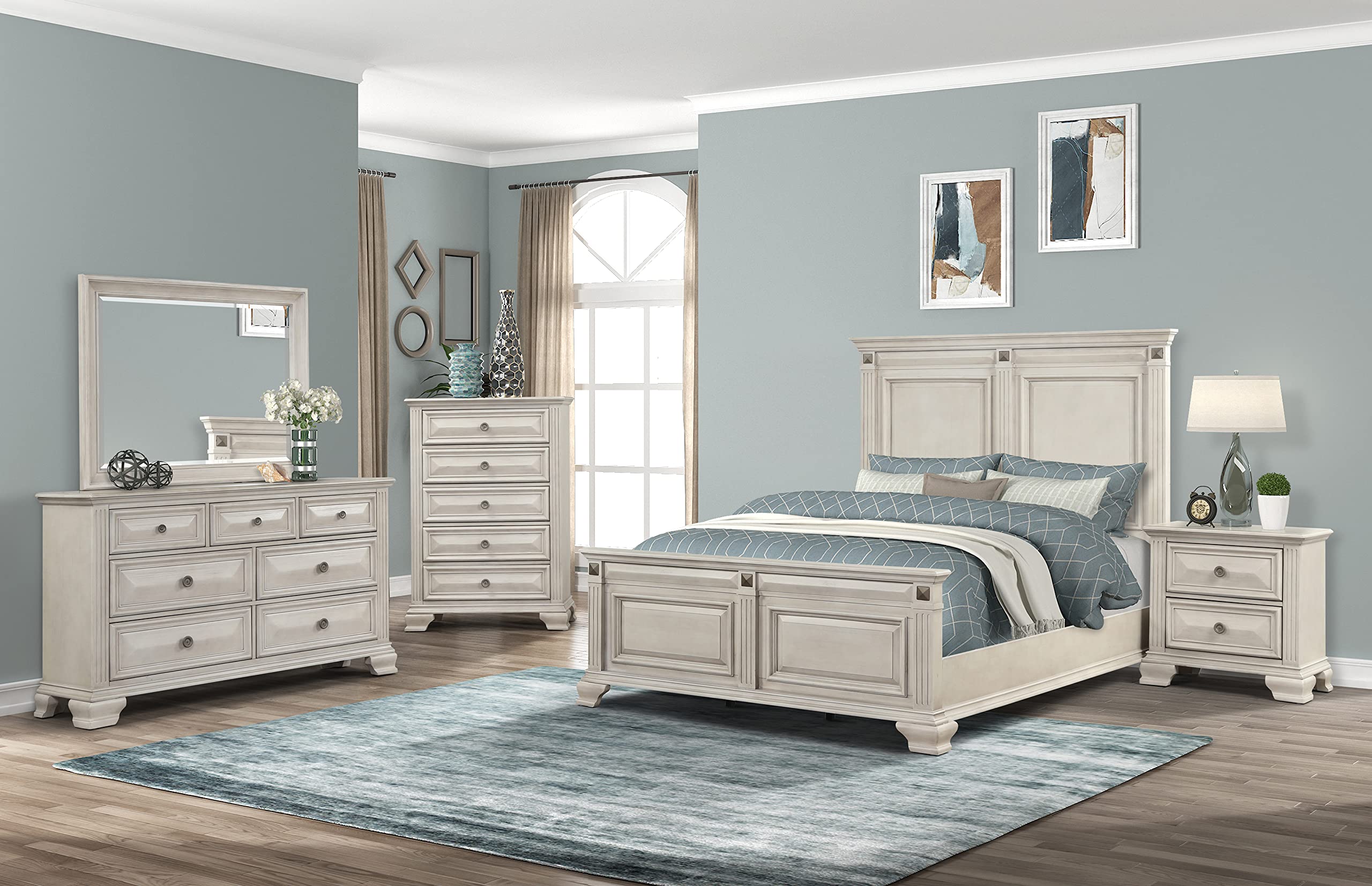 Roundhill Furniture Renova Distressed Parchment Wood Bedroom Set, Queen Panel Bed, Dresser, Mirror, Nightstand, Chest