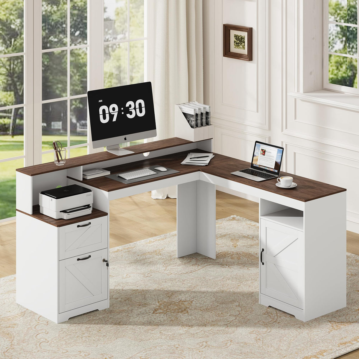 MALOL 63" Farmhouse L Shaped Executive Desk, Corner Computer Desk with Drawers & Storage Shelf, Home Office Desk with Power Outlet, Monitor Stand, Wood Grain Desktop, White & Rustic Brown