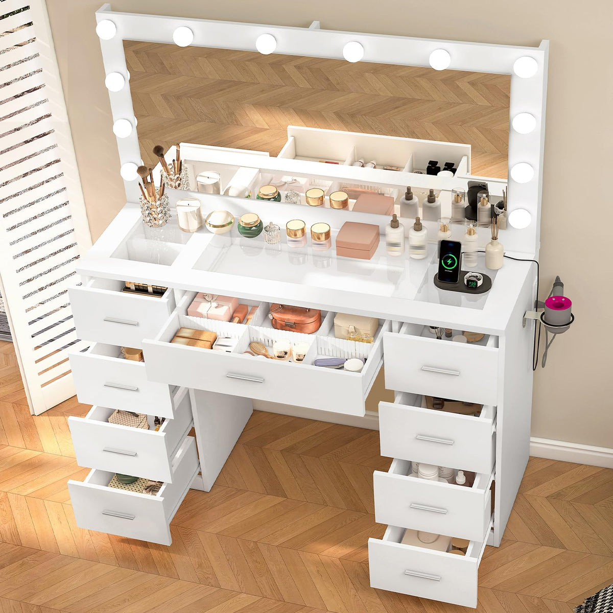 9-Drawer Vanity Desk with LED Mirror