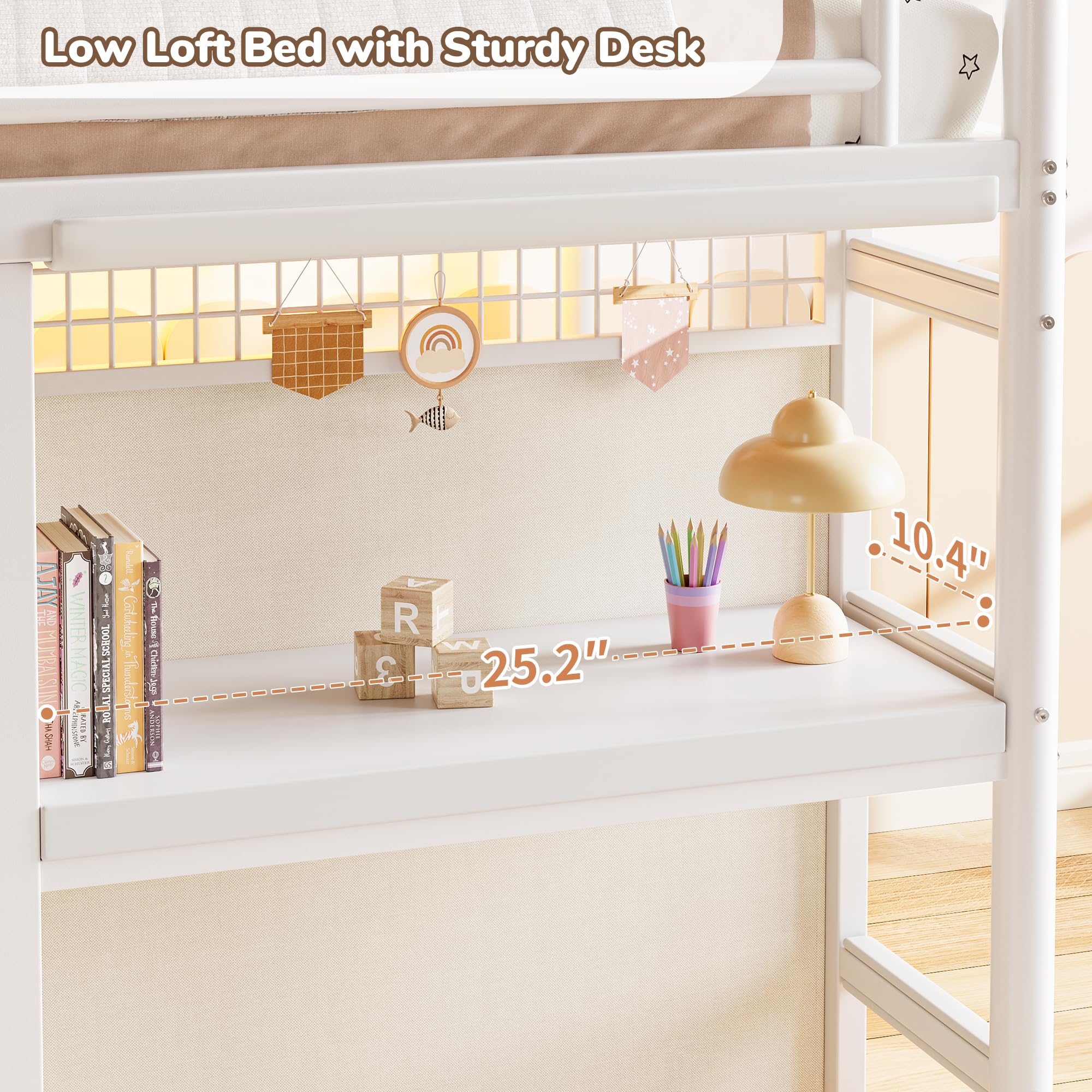 Kids Twin Low Loft Bed with Storage Drawers, Desk & LED Lights