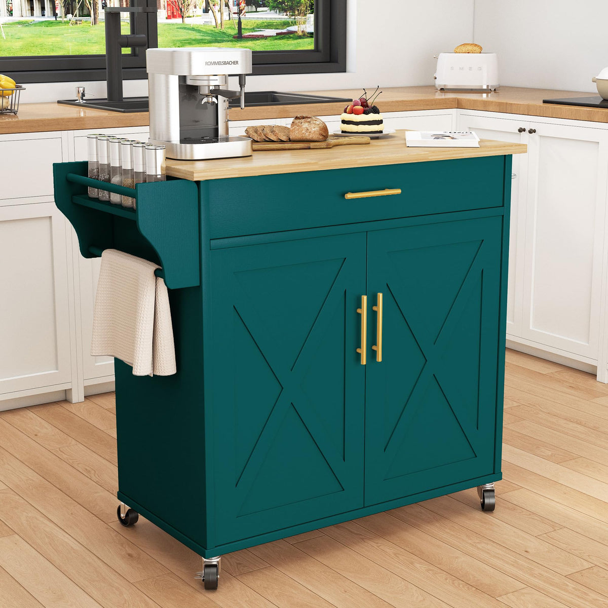 Chireca Kitchen Island with Storage, Rolling Island Table with Drop Leaf