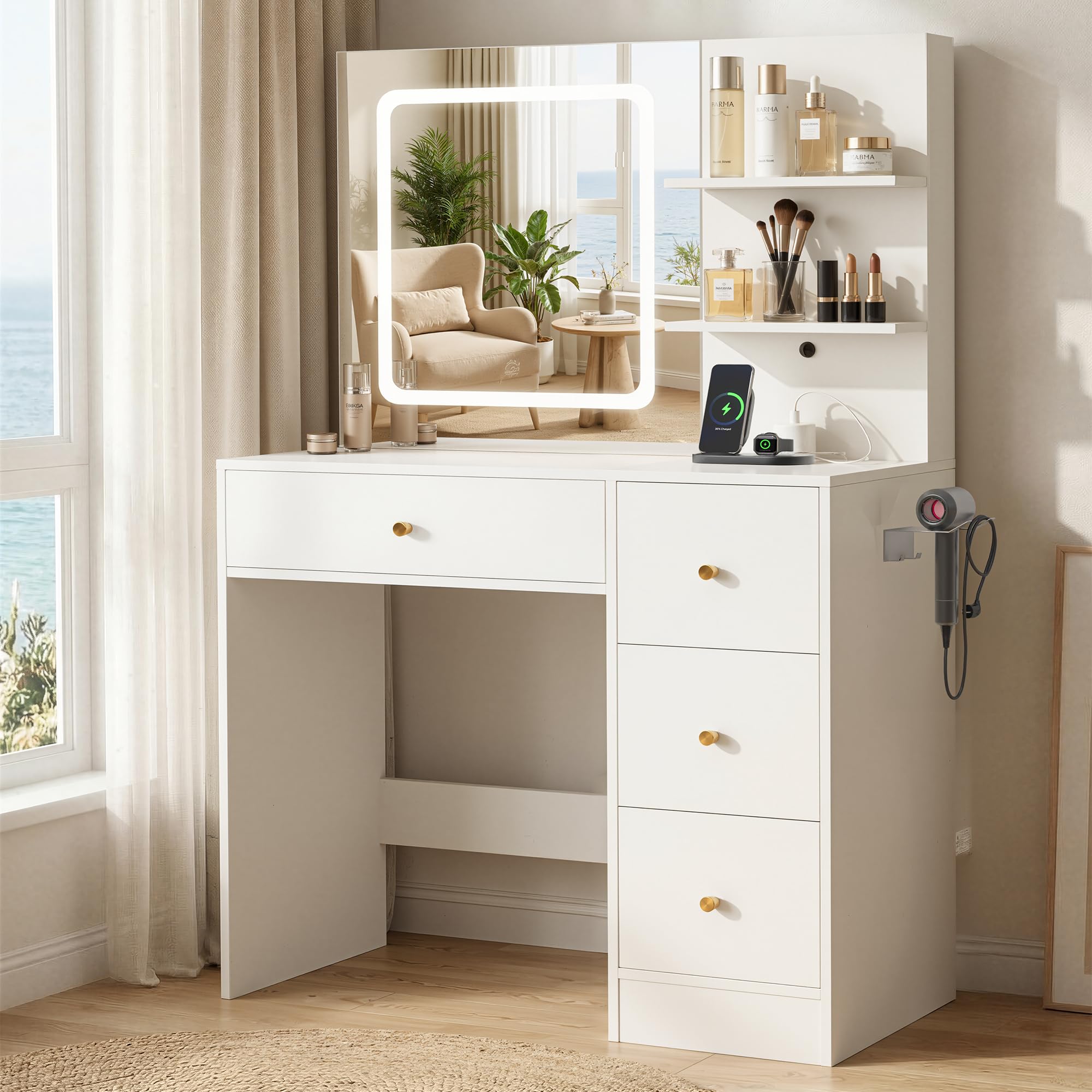 spanspace Makeup Vanity Desk with Mirror and Lights, 37" White Vanity Desk with Power Outlet & USB, 3 Modes Dimmable LED Mirror with 4 Drawers, Modern Vanity Table for Bedroom