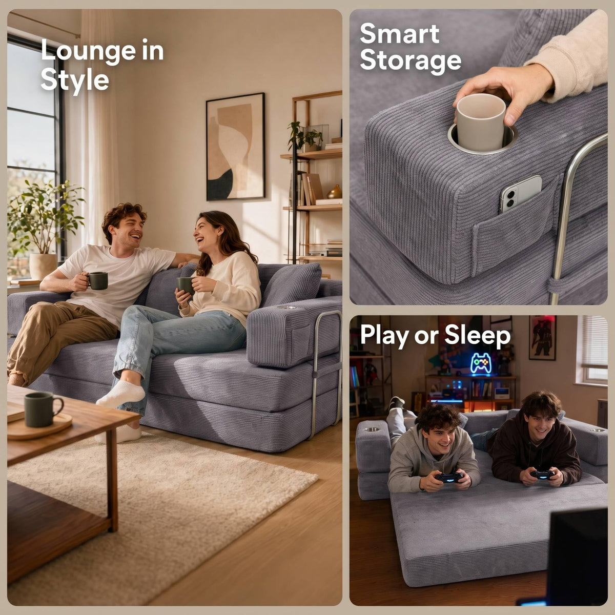 Convertible Sofa Bed, Boneless Couch with Cup Holders for Living Room