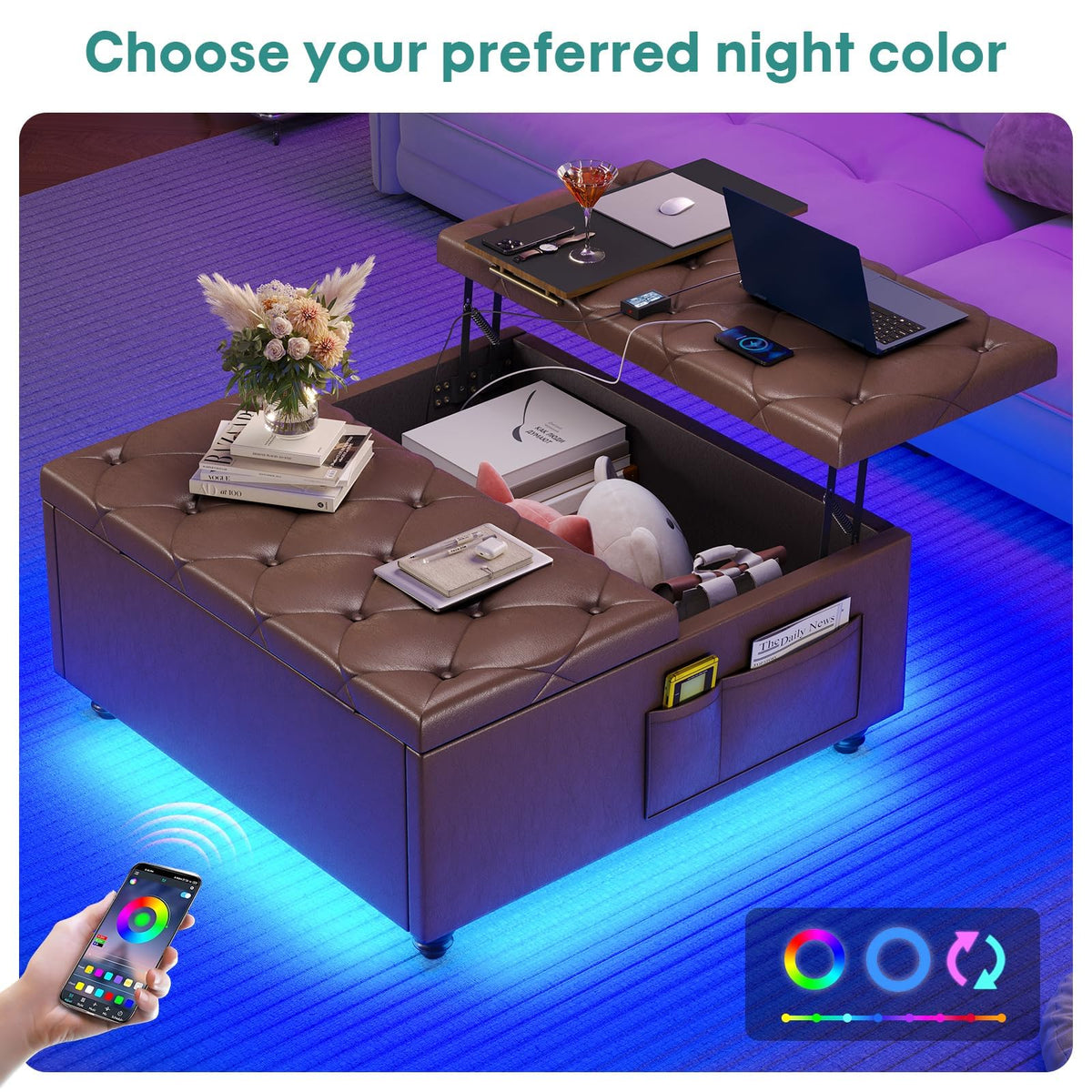 busyaeh Storage Ottoman Coffee Table,Square Ottoman Bench with LED Lights