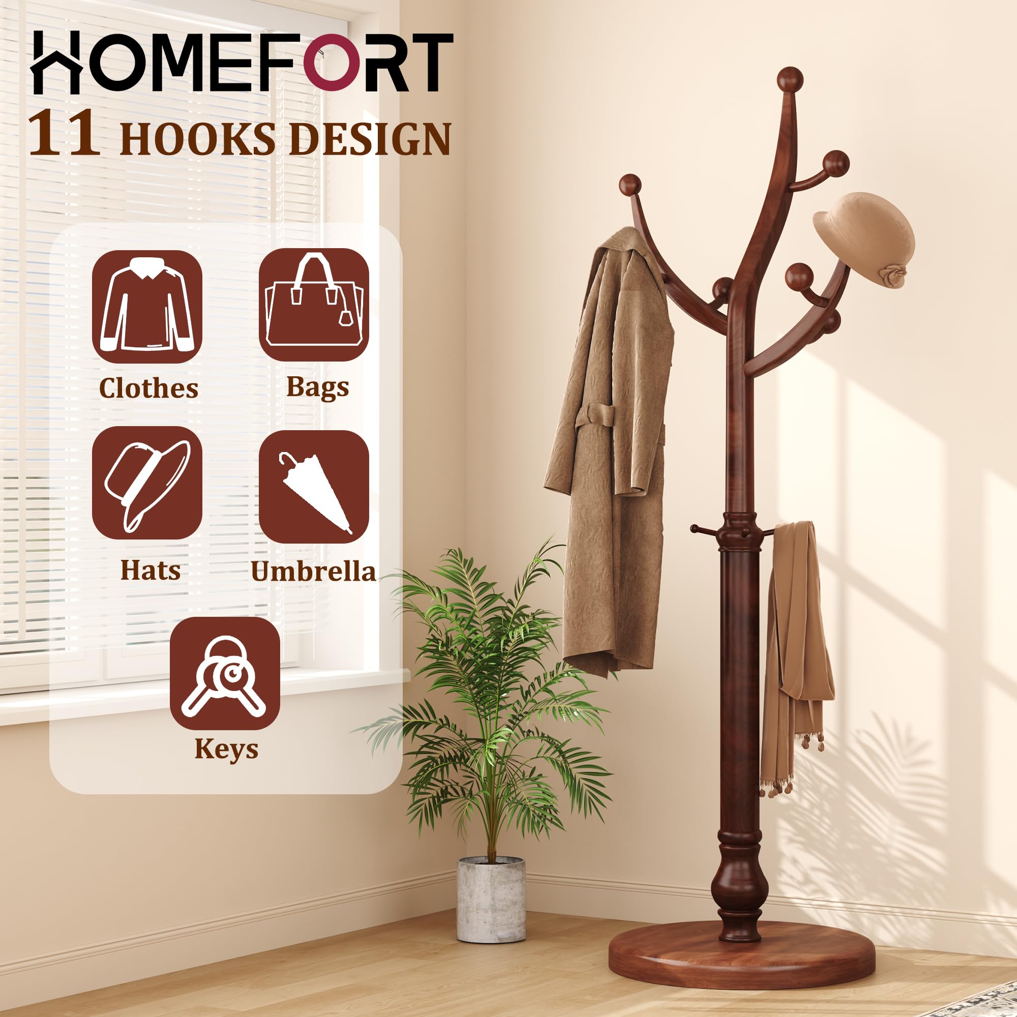 Freestanding Wooden Coat Rack with 11 Hooks