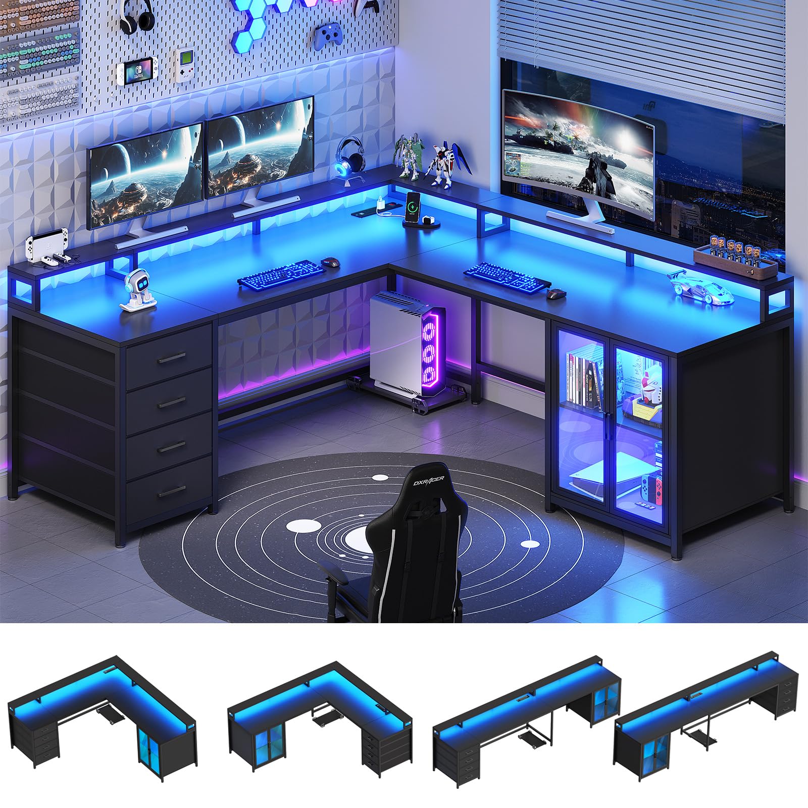 SEDETA L Shaped Gaming Desk with 4 Drawers, 109” Computer Desk with Display Cabinet, Home Office Desks with 2 Monitor Stands, CPU Stand, LED Lights and Power Outlet, Black