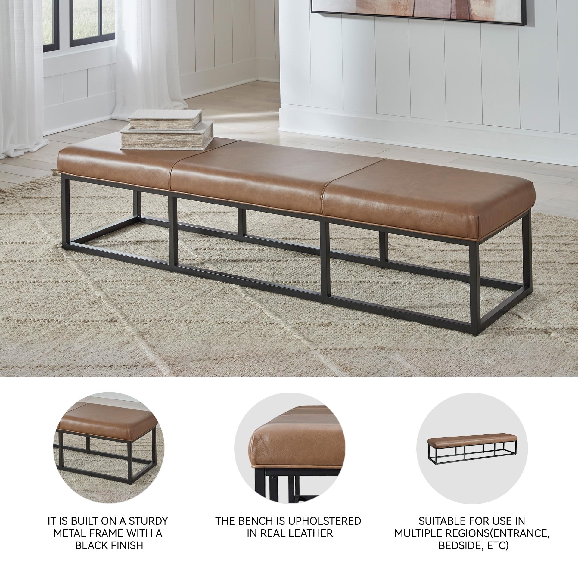 Leather Upholstered Accent Bench – Dark Brown & Black