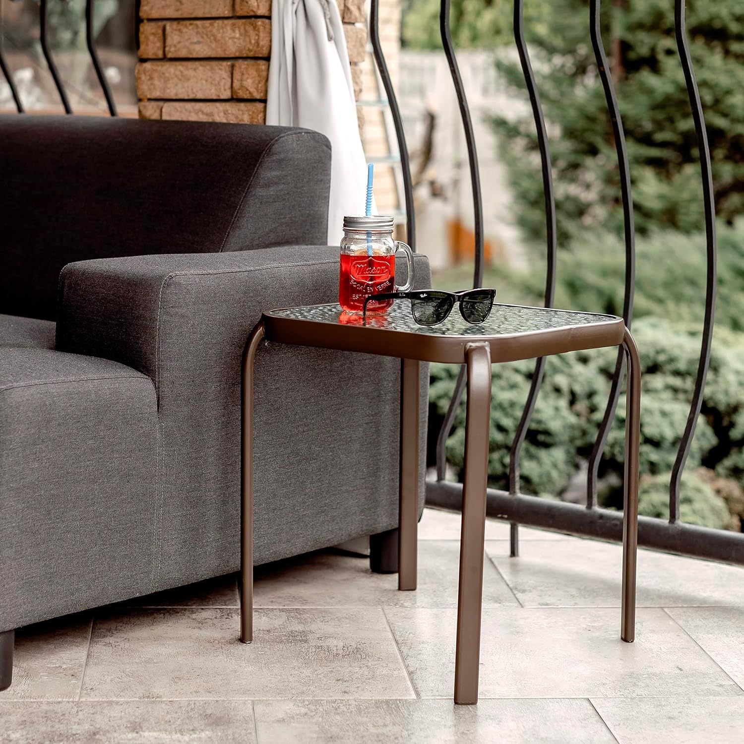 Bronze Metal Outdoor Side Table with Tempered Glass Top
