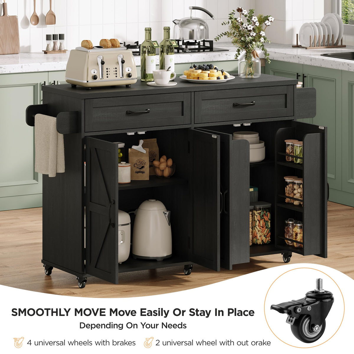 Mobile Kitchen Island, Kitchen Island Cart with 2 Drawers and Charging Station, Island Table for Kitchen, Home Bar Carts with Storage, Kitchen Rolling Island with Spice Rack and Towel Rack,Black