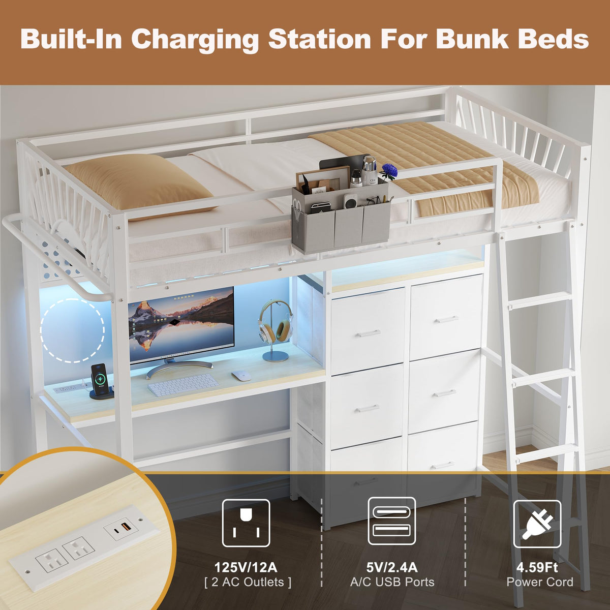 Twin Metal Loft Bed with Desk & Storage