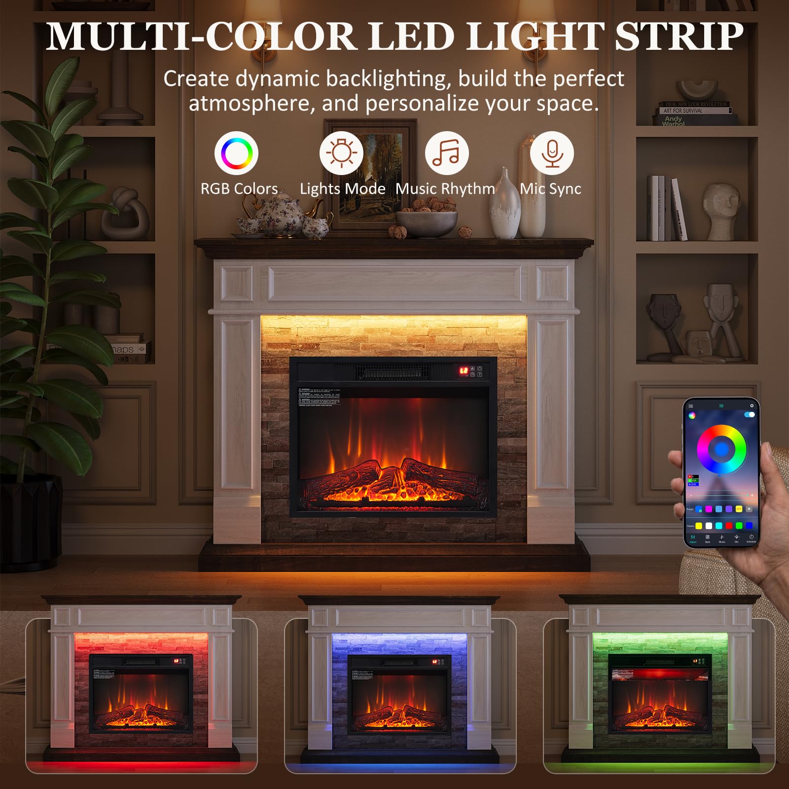 44 Inch Electric Fireplace Mantel with LED Farmhouse TV Stand, Stacked Stone Surround, 23" Insert, Freestanding Entertainment Center, 3D Flame Heater for Living Room, Bedroom, White & Brown