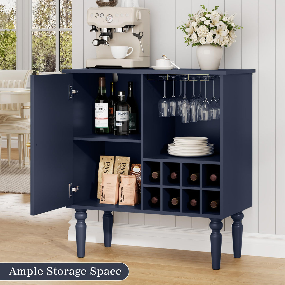 Surmorn Arched Fluted Coffee Bar Cabinet with Storage& Wine Racks, Blue