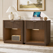 KISLOT 23'' Fluted Nightstand Set of 2 w/Charging Station,Drawers,Walnut
