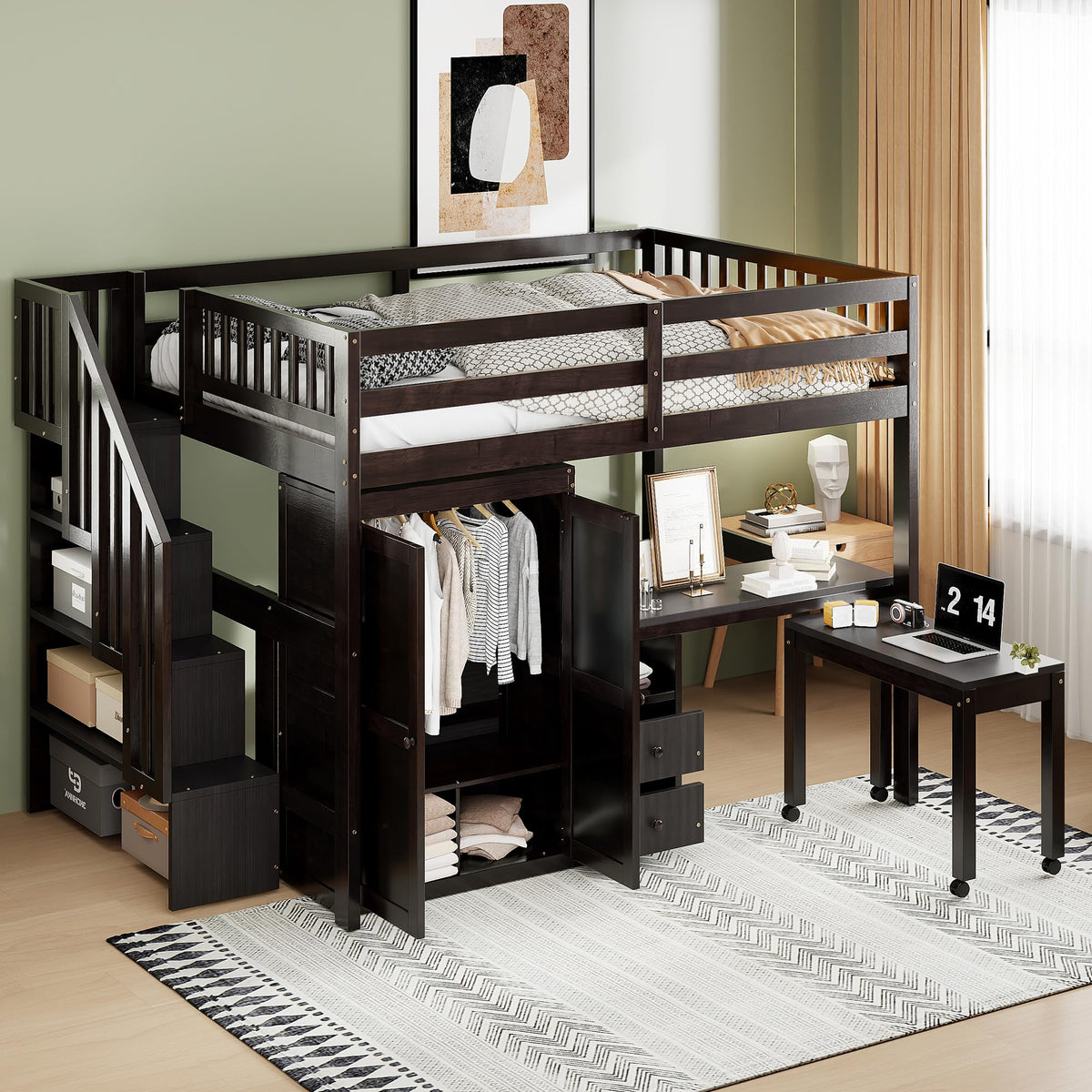 Merax Kids Full Multifunction Loft Bed with Desk/Wardrobe, Wood Storage Loft Bed with Staircase, Bookshelf & Drawers, No Box Spring Needed, Space Saving, Espresso
