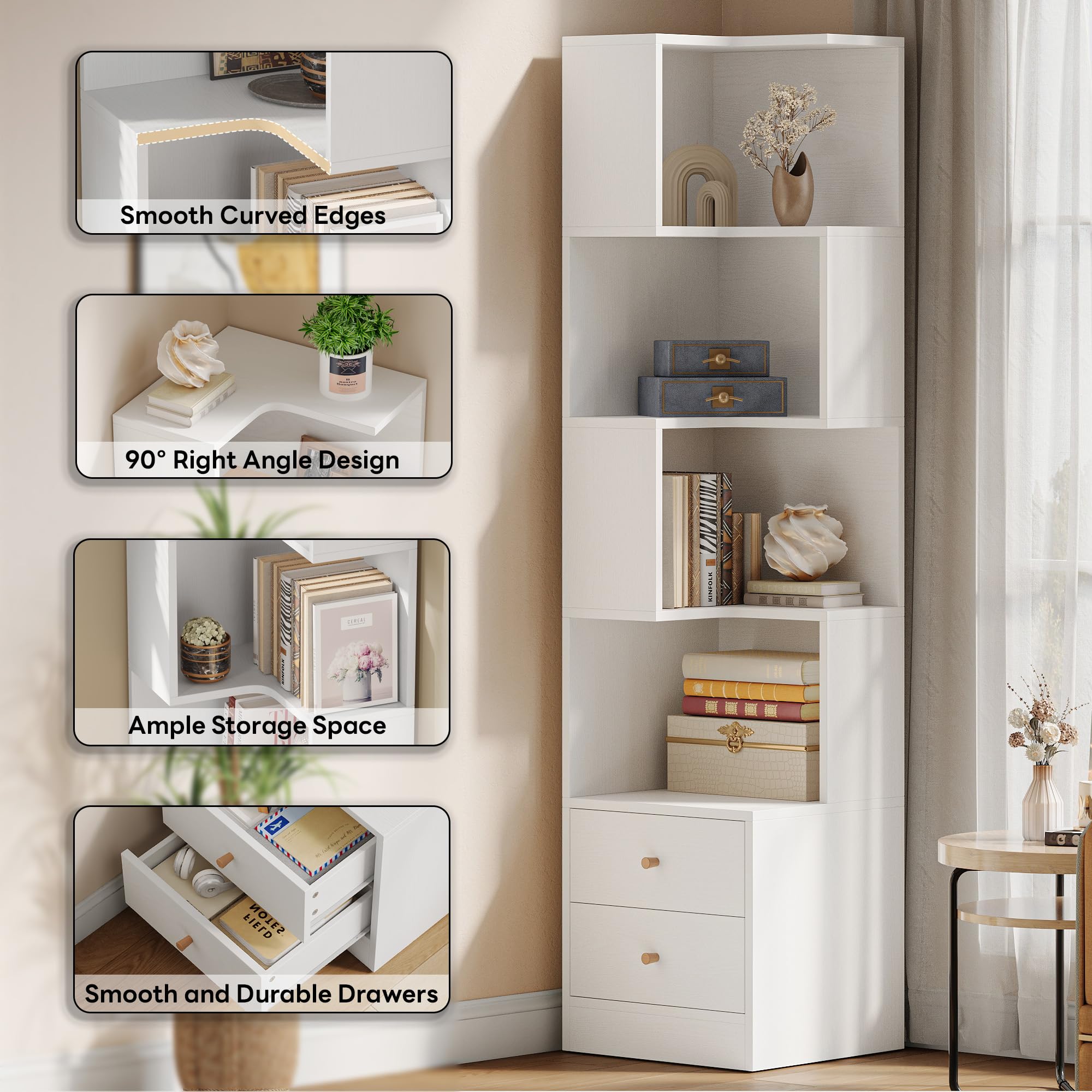 IRONCK Corner Bookshelf, 70.87" Tall Corner Bookcase with Drawers, Corner Shelf Storage Display Rack for Living Room Home Office, White