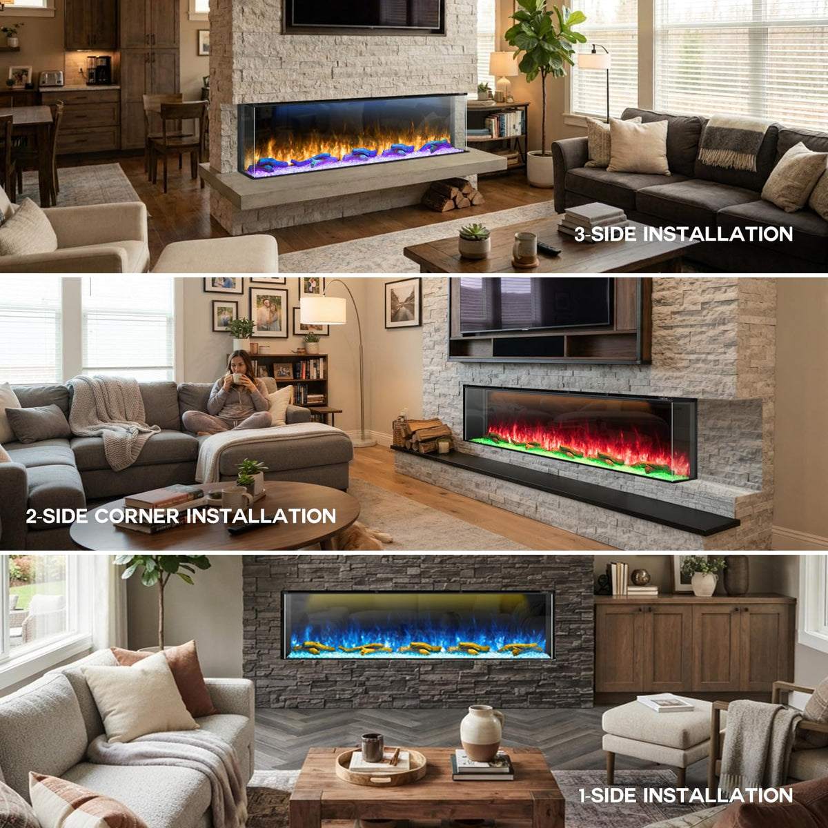 80 Inch 3 Sided Electric Fireplace, Smart Linear Fireplace Heater with 3D Realistic Flames/Ember/Ambient, LED Color Cycle, Timer, Crackling Sound, 1500W/750W, Recessed