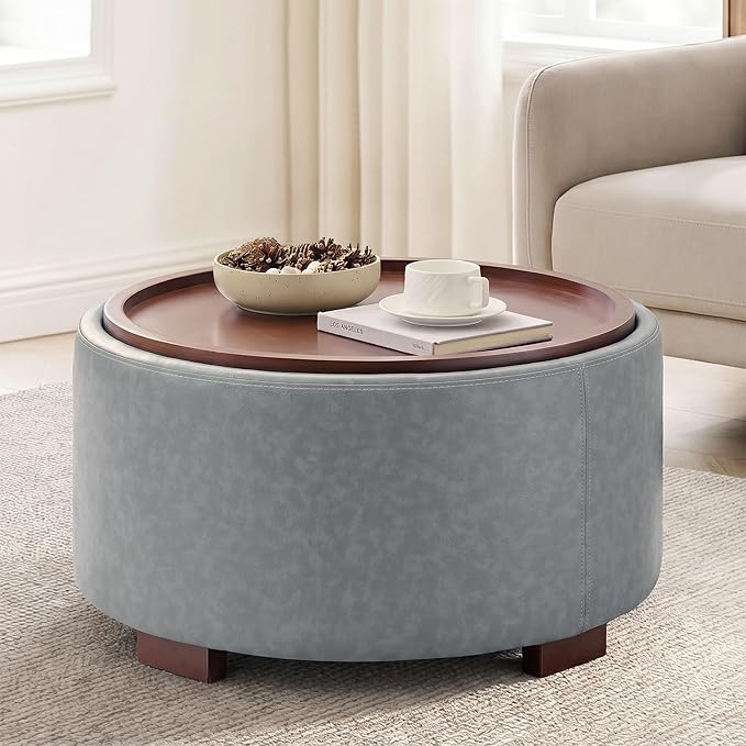 Round Storage Ottoman with Flip-Top Tray Lid & Wood Legs
