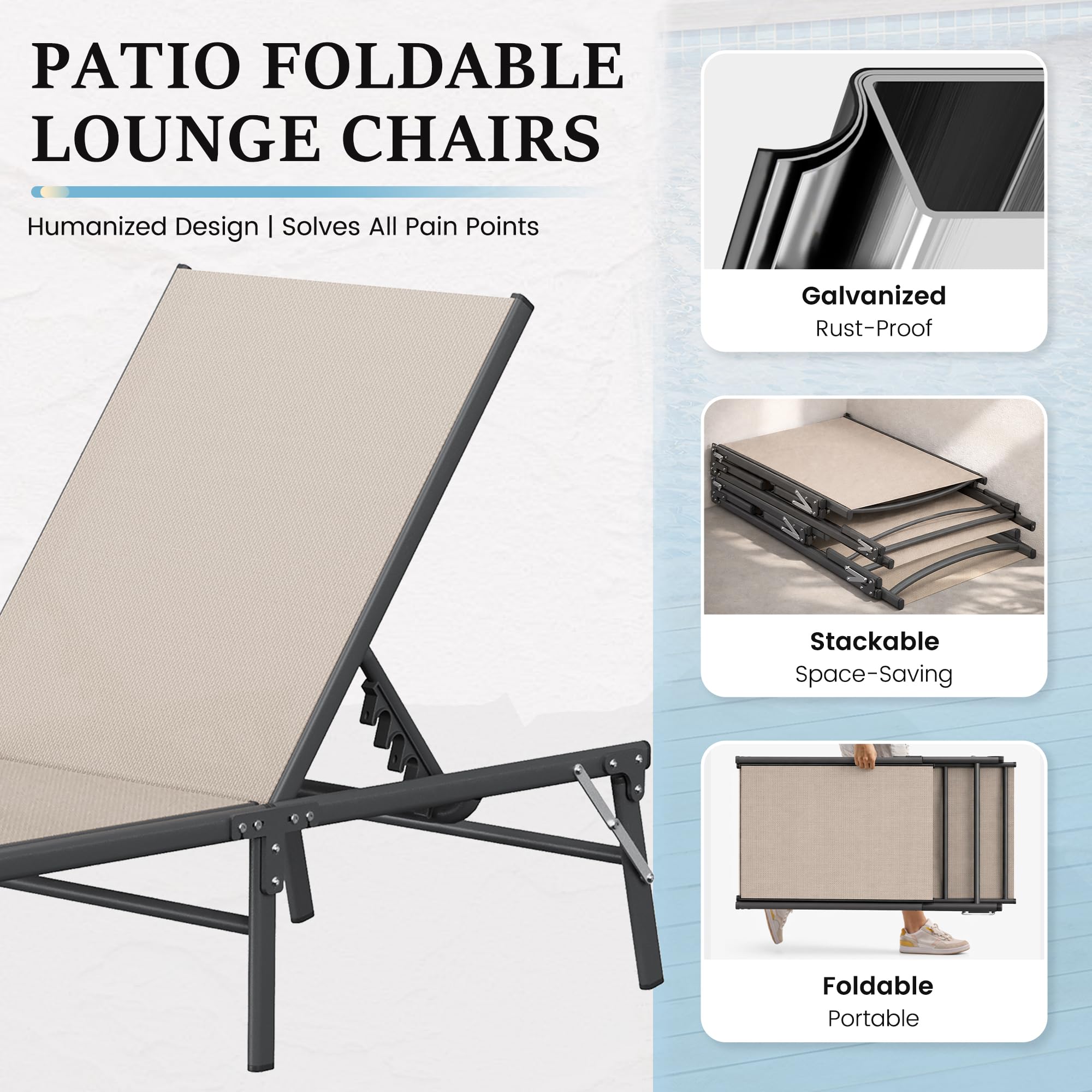 Foldable Patio Lounge Chair Set with Side Table