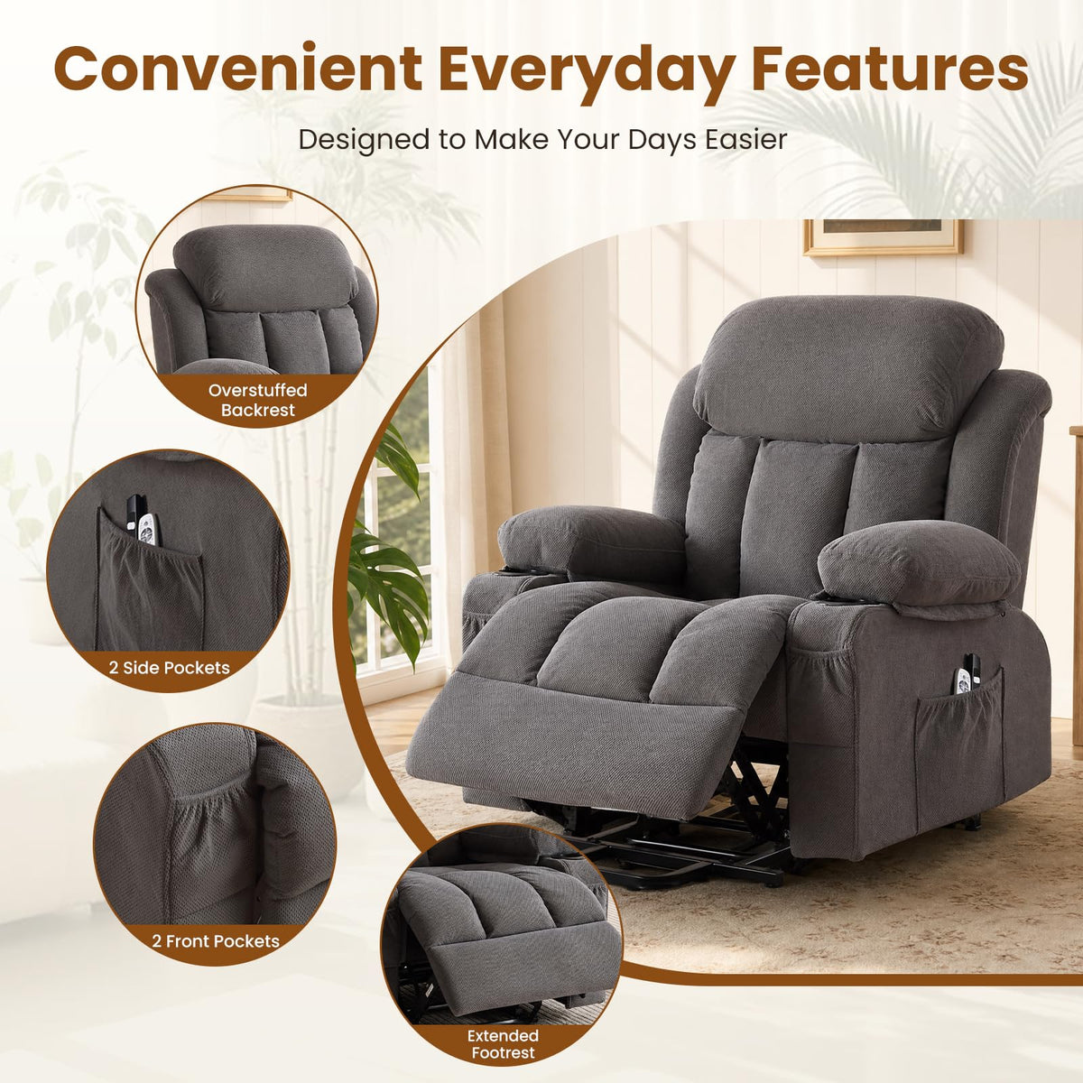 Gray Power Lift Recliner with Massage and Heat