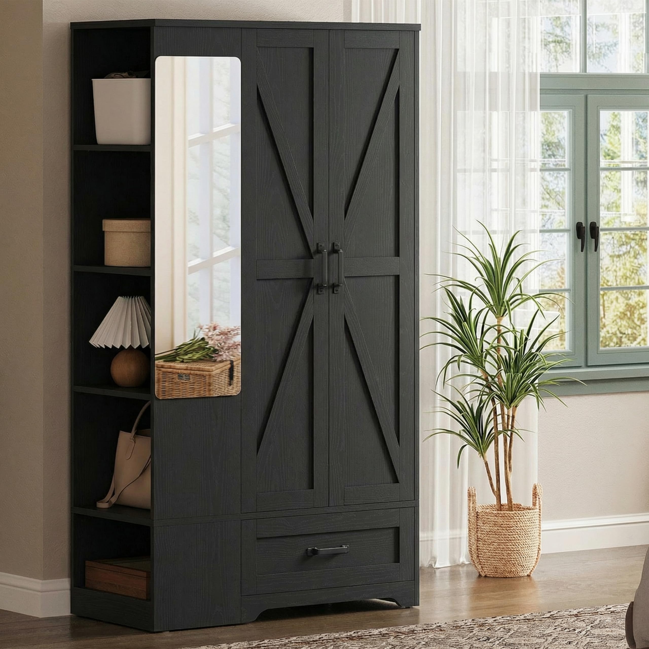 Barn Door Wardrobe Closet with Mirror, Shelves & Drawer