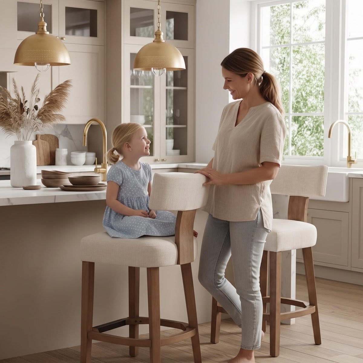 RIVOVA 26” Bar Stools Set of 4 Counter Height Bar Stool, Modern Kitchen Barstools with Back and Wood Legs, Farmhouse Upholstered Island Stools Countertop Bar Chairs, Beige