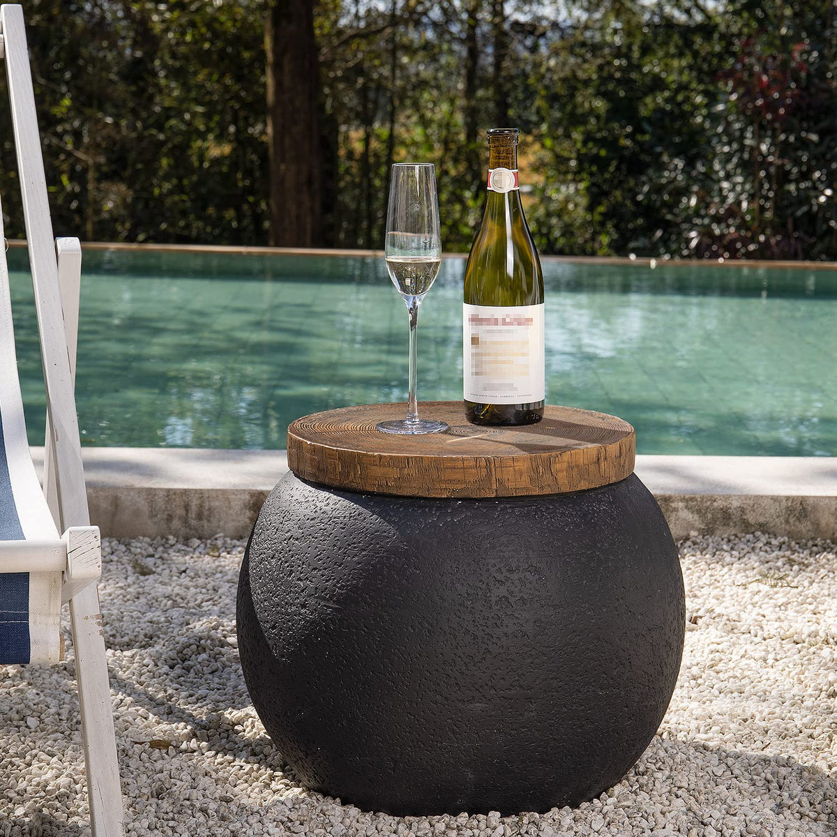 COSIEST Outdoor Side Table,Black Drum Outdoor End Tables,17" Concrete Patio Side Table for Outside Faux-Wood Top Accent Side Table Stool for Livingroom,Bedroom,Garden