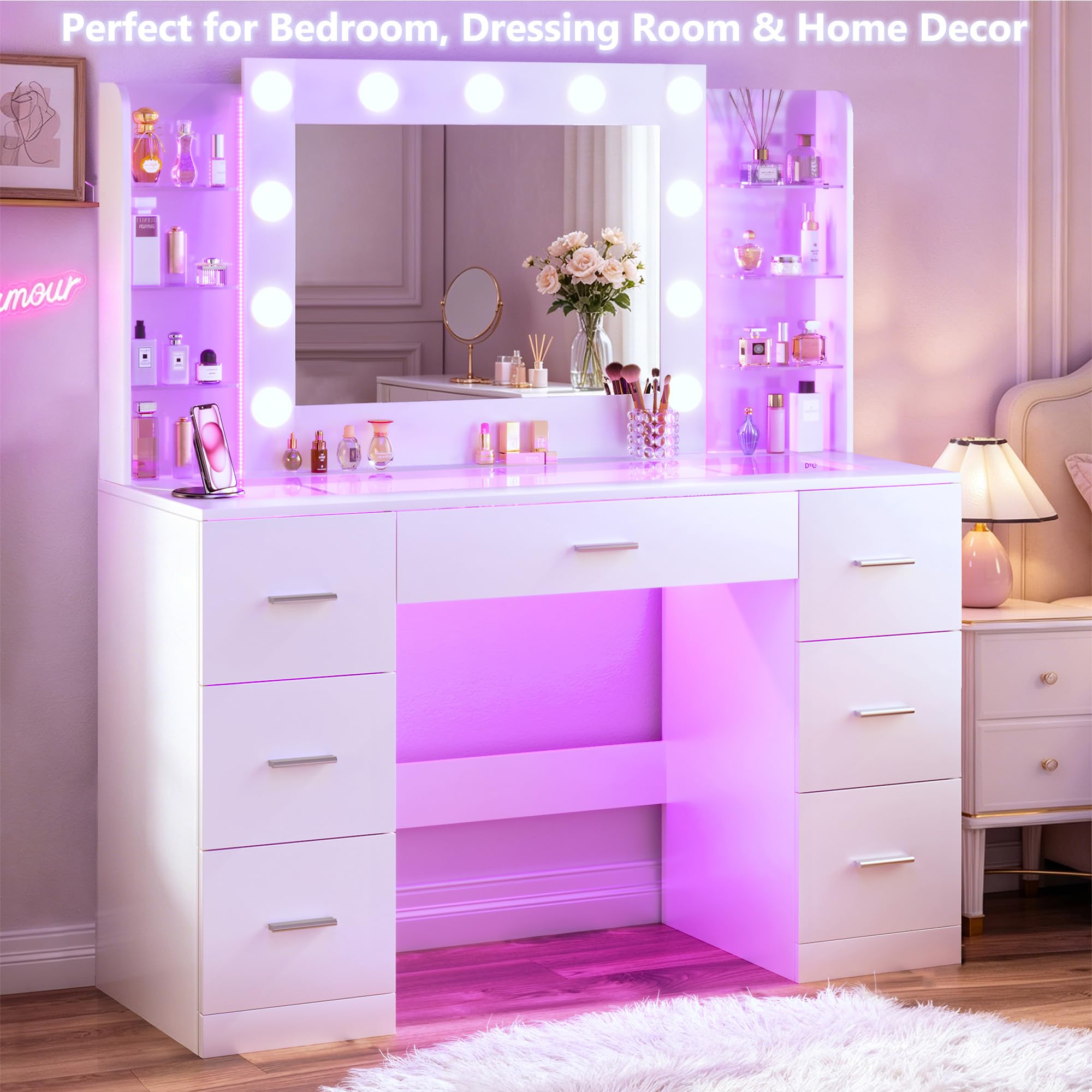 HUAHUU Vanity Desk with Mirror and Hollywood Lights, Makeup Vanity 6 Backlit Open Shelves with Frosted Panel & RGB Light, Transparent Top, Power Outlet, 7 Drawers & Storage Organizer for Bedroom