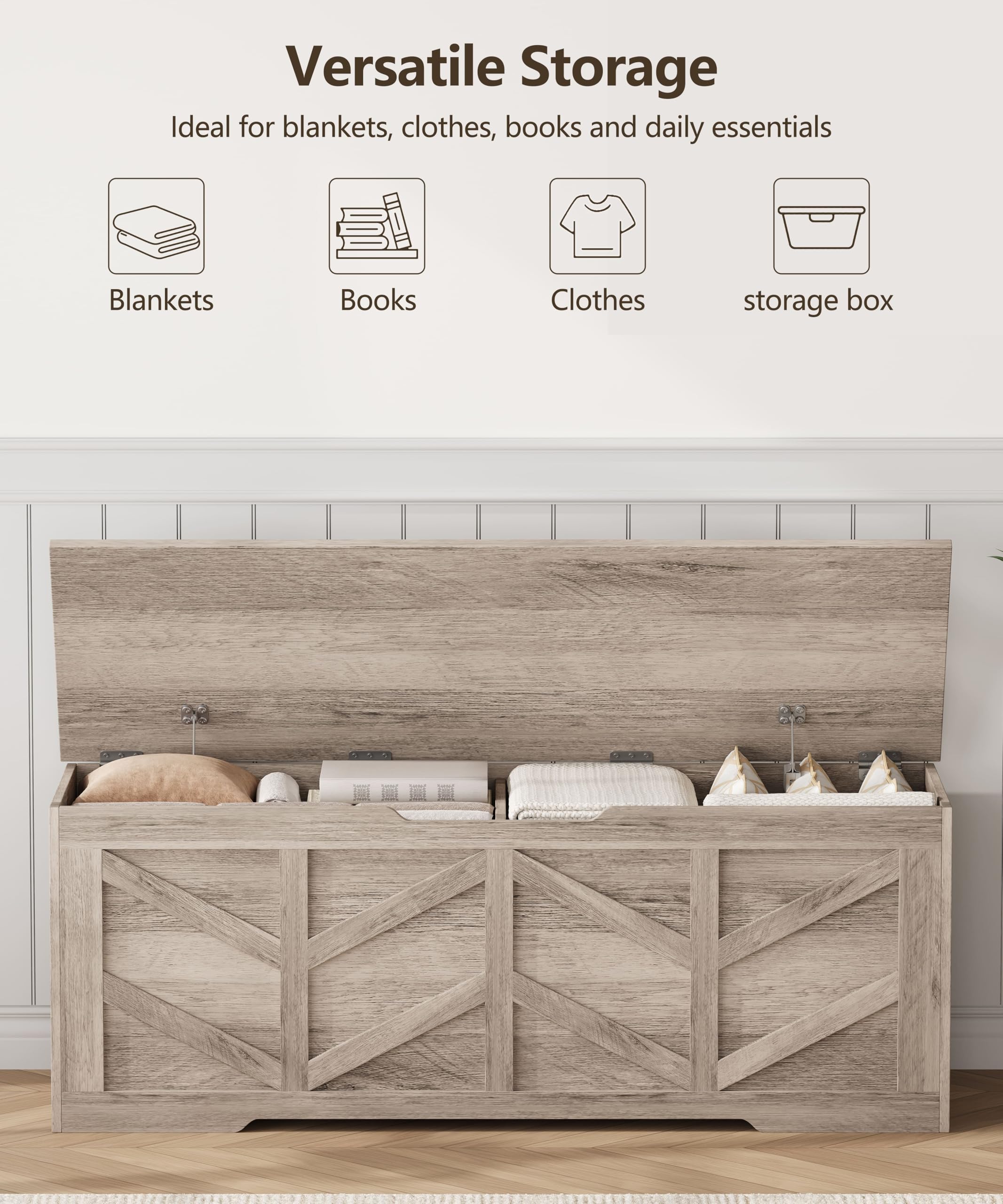 Zeibospri 51.2" Storage Chest, Extra Large Storage Bench with 2 Safety Hinges, Storage Trunk Supports 330 lb, Wooden Blanket Storage for Bedroom, livingroom, entryway, Greige