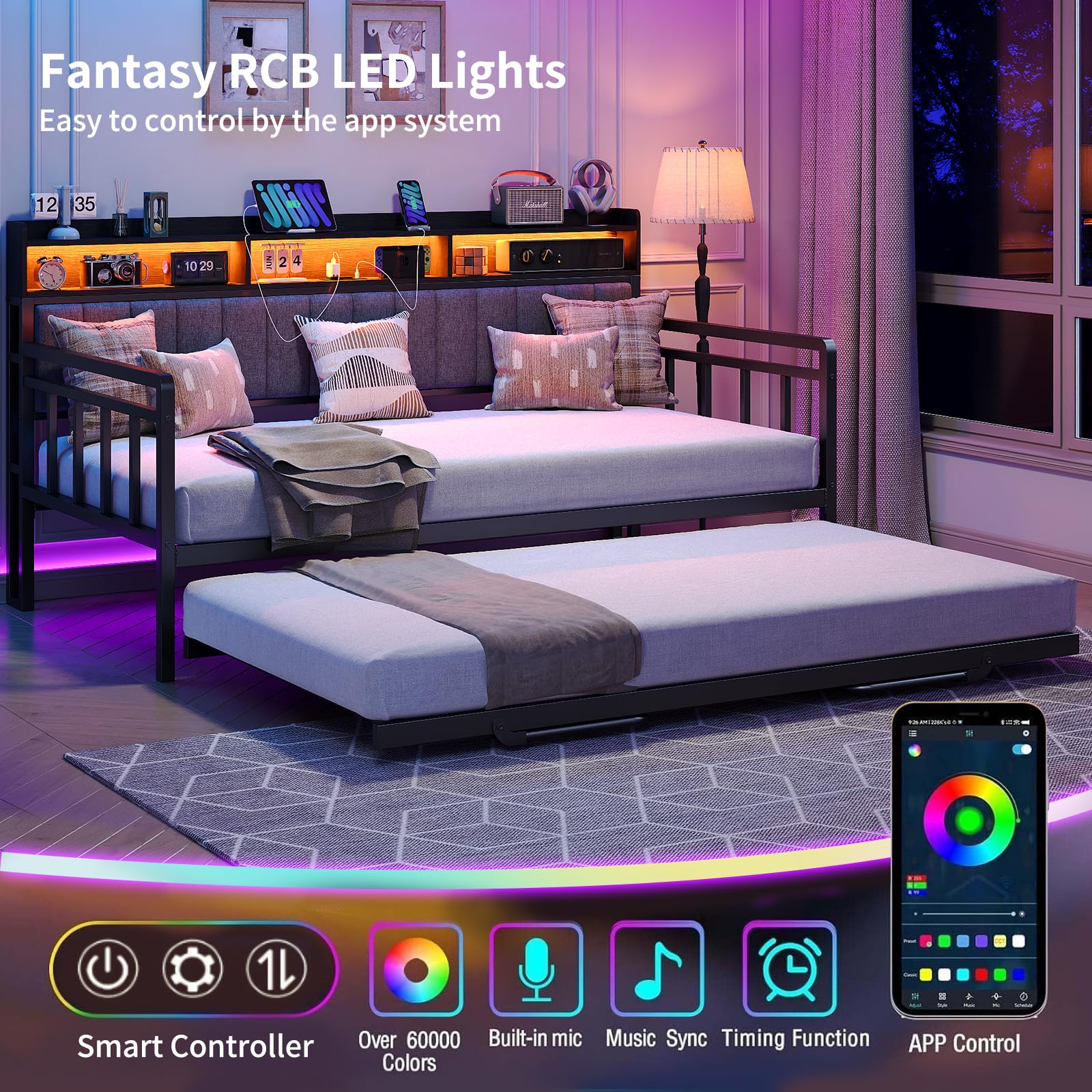 Daybed with Trundle & RGB Lights, Twin Sofa Bed Frame with Charging Station, Pull Point Day Bed with Storage Headboard, Heavy Duty Metal Trundle Bed Twin for Living Room, Bedroom, Guest Room