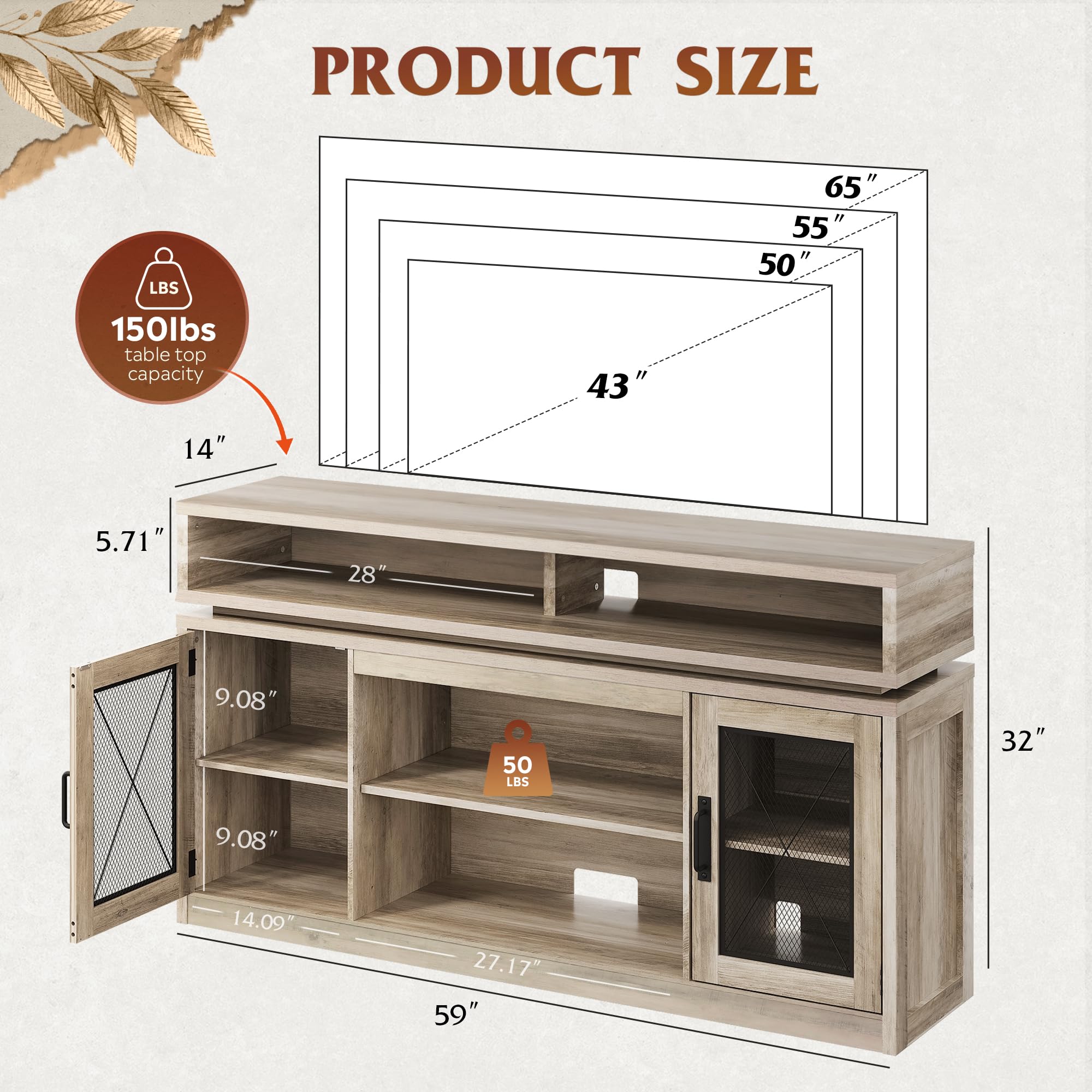 Farmhouse TV Stand with LED Lights & Storage Cabinets