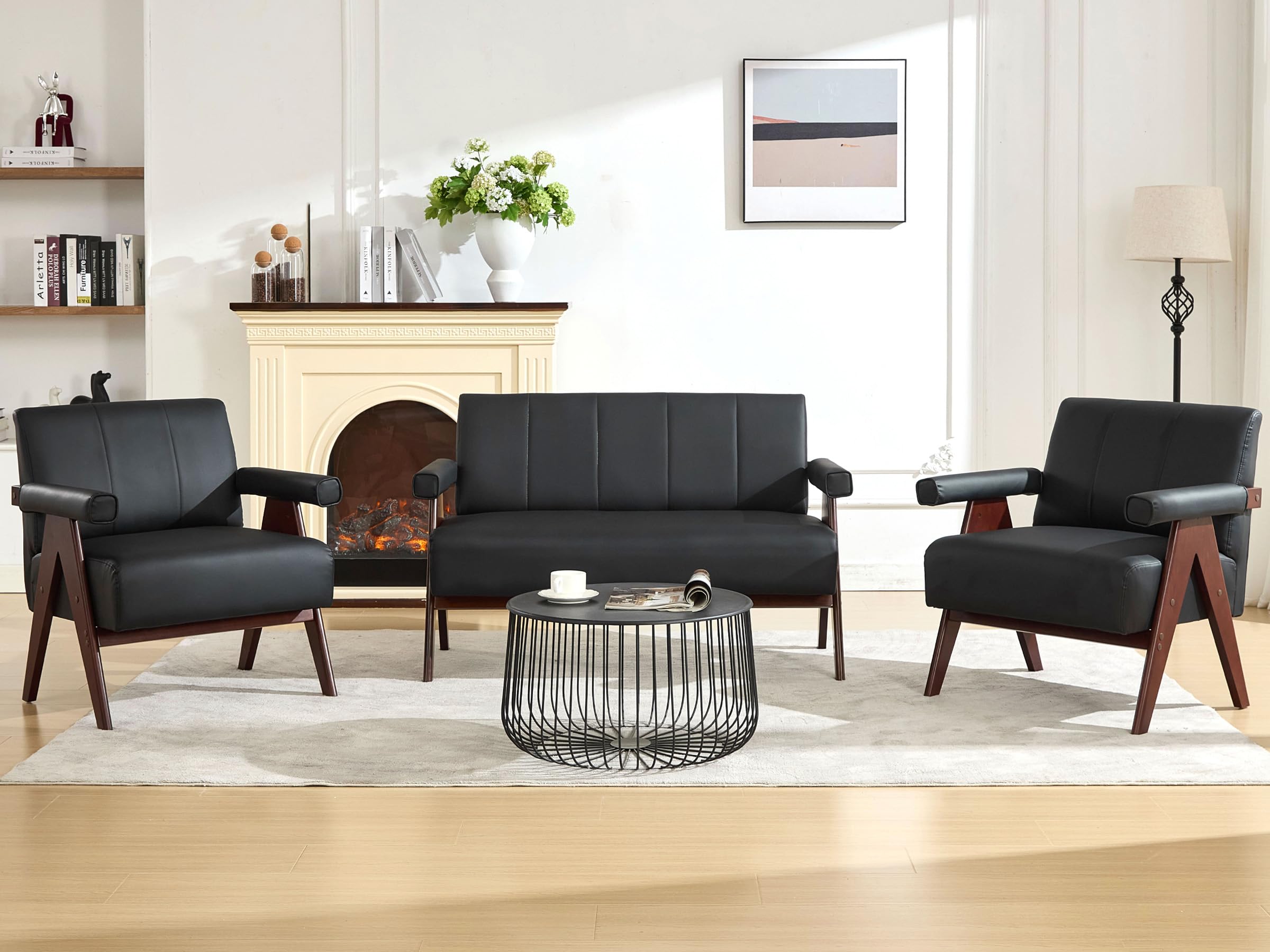 Faux Leather Loveseat Sofa & Accent Chair Set | Mid-Century Modern
