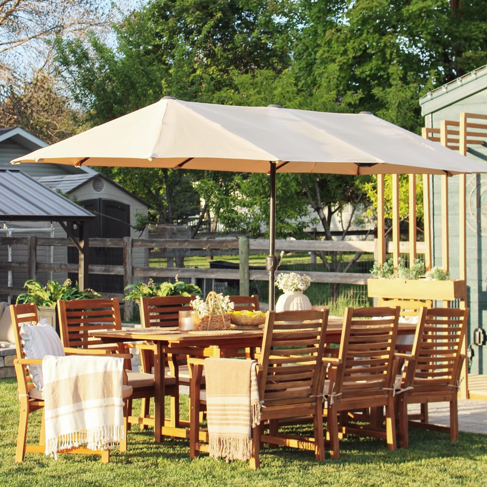 PHI VILLA Outdoor Acacia Wood Dining Table for 6-8, Large Extendable Rectangular Teak Table with Umbrella Hole, Farmhouse Outside Furniture for Patio, Deck, Porch, Yard