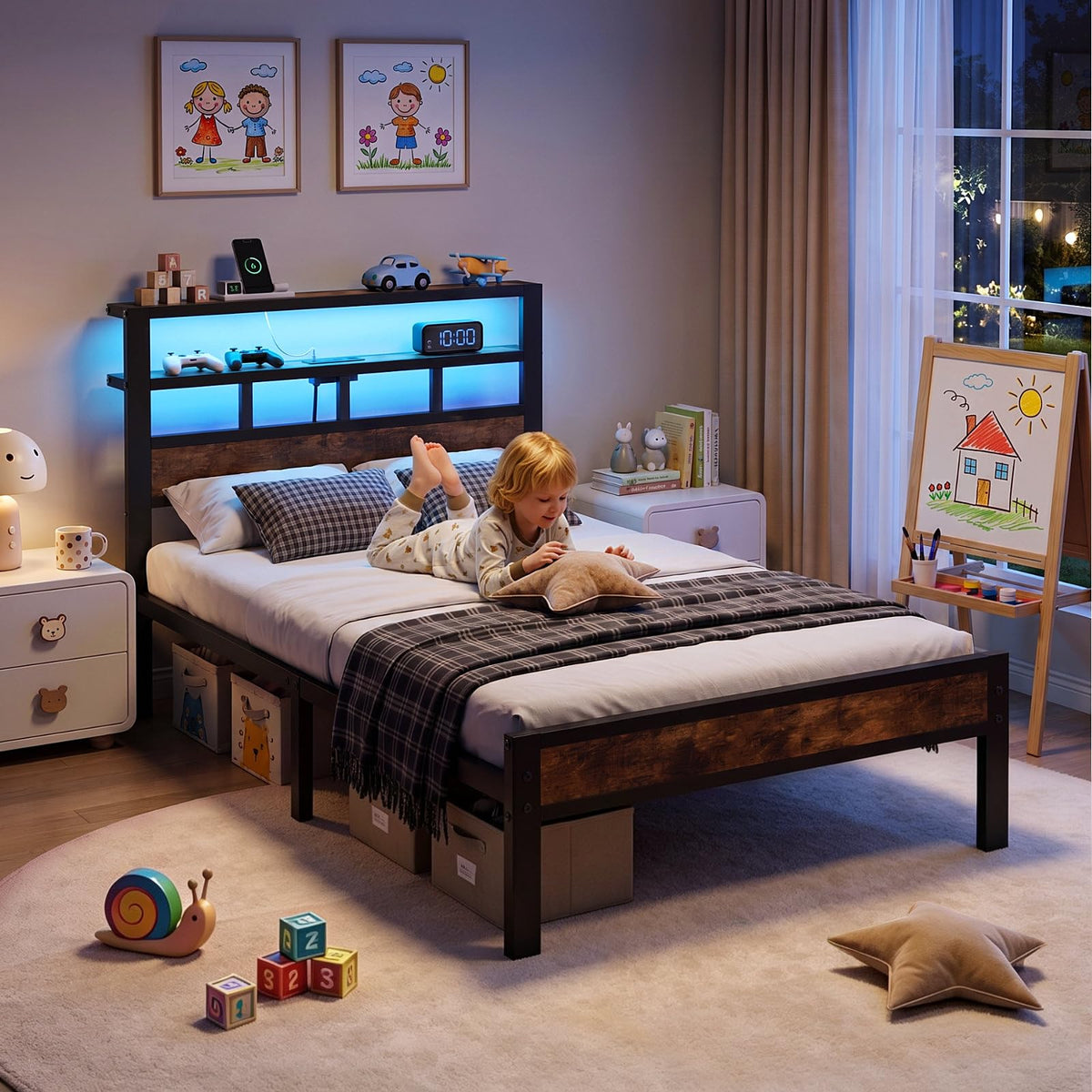 Insdiy Twin Bed Frame with Charging Station and LED, Metal Platform Bed
