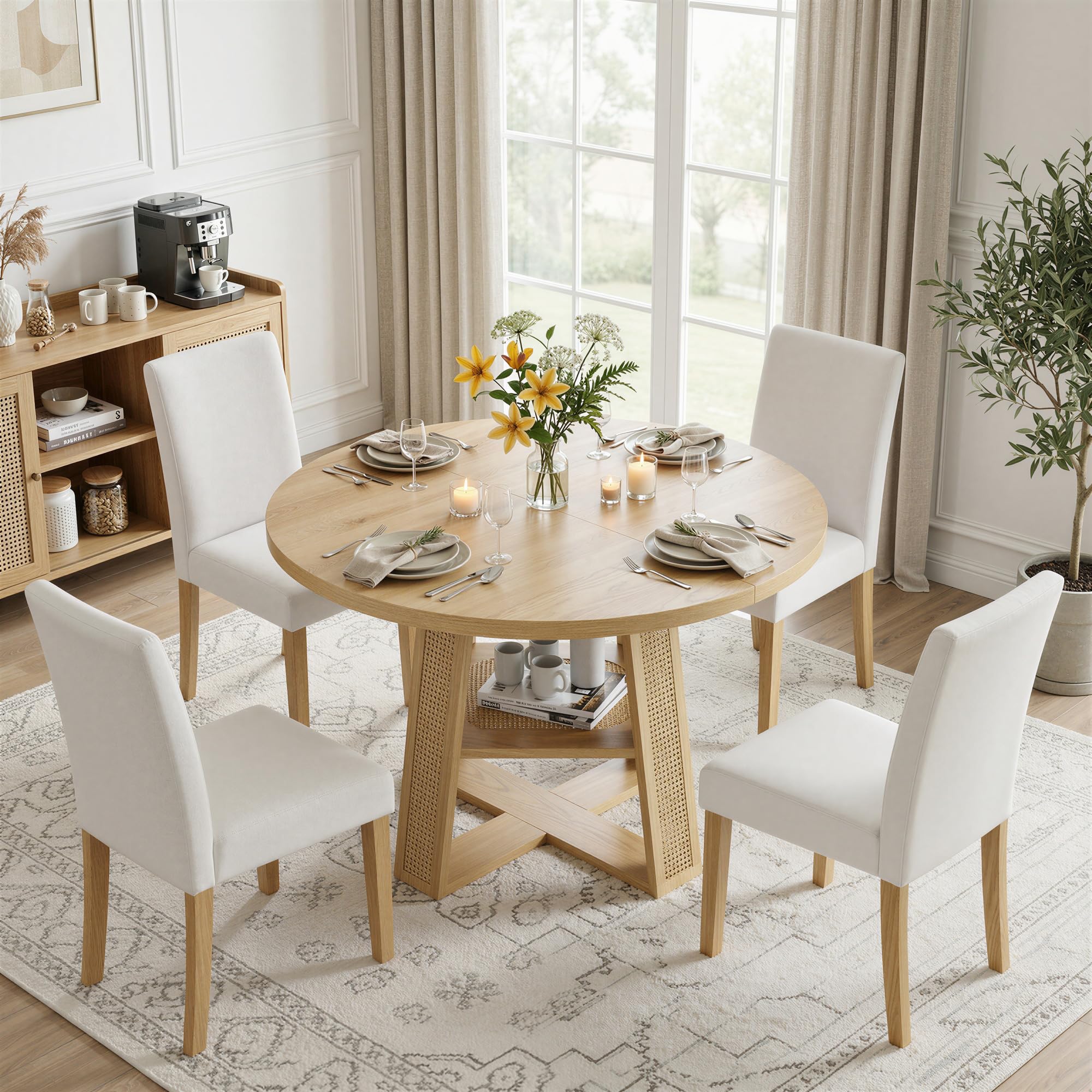 Extendable Round Dining Table with Storage Shelf