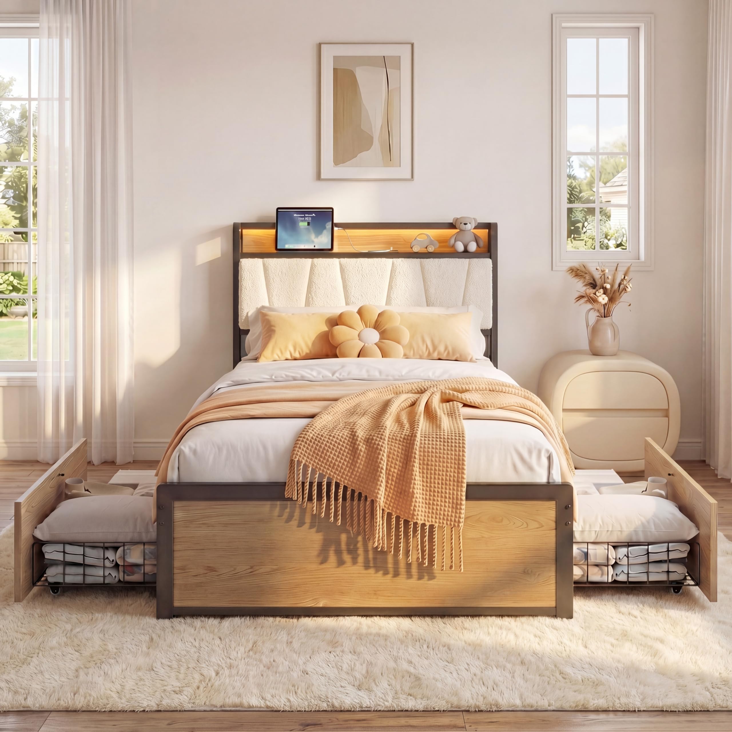Twin / Twin XL Bed Frame with Storage Drawers, LED Lights & Charging Station